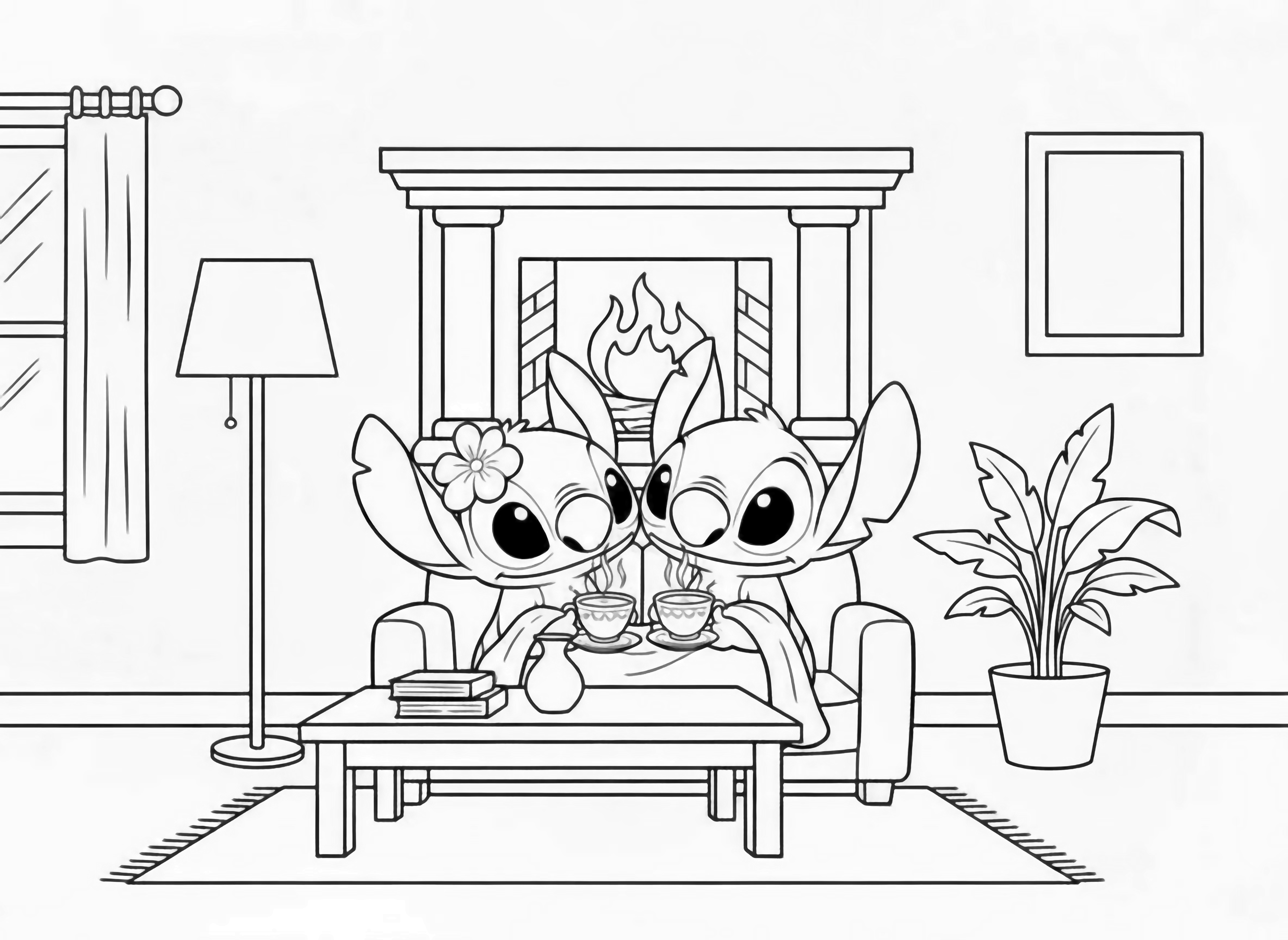 A cute pink alien creature with a flower and a blue alien creature sit side by side, holding hands, with small hearts floating in the background, drawn in a cartoon style. kleurplaat