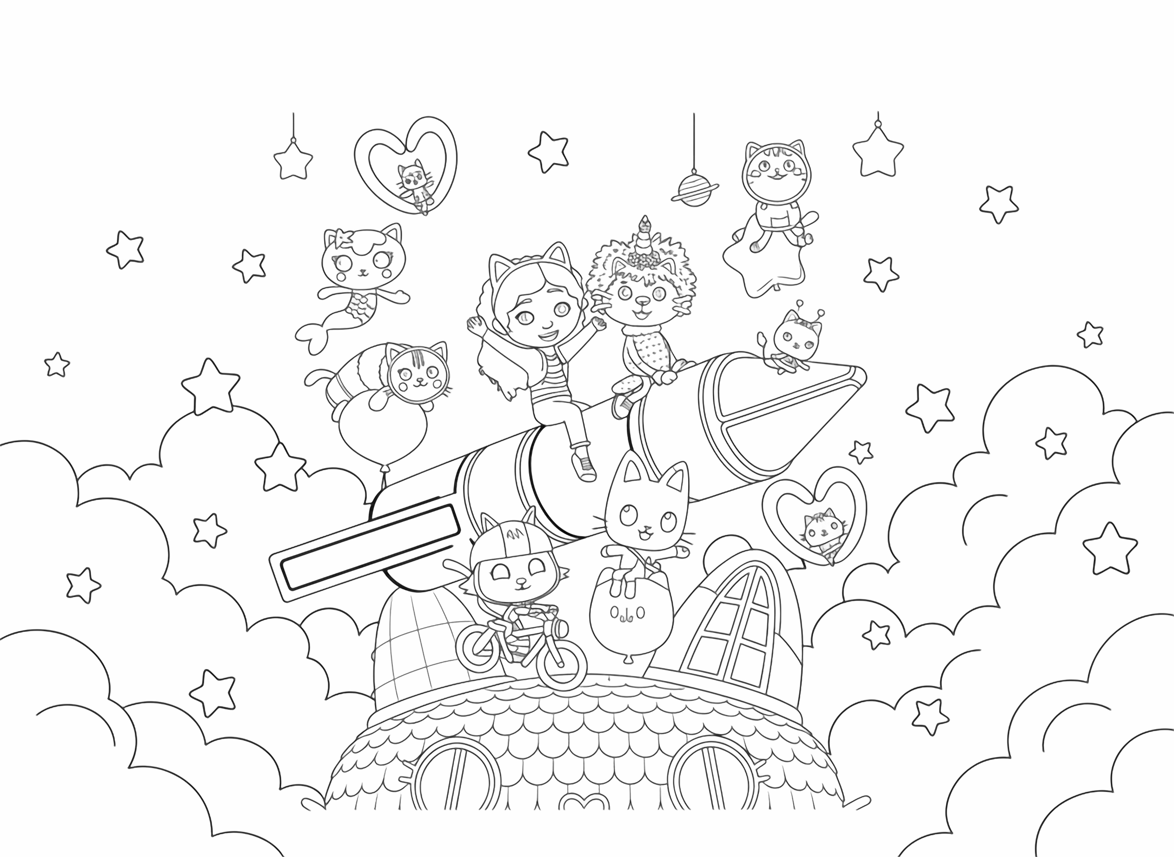 Gabby and her cat friends ride a giant crayon rocket flying above a vibrant, rainbow roofed dollhouse, surrounded by smaller floating cat characters and playful elements. kleurplaat