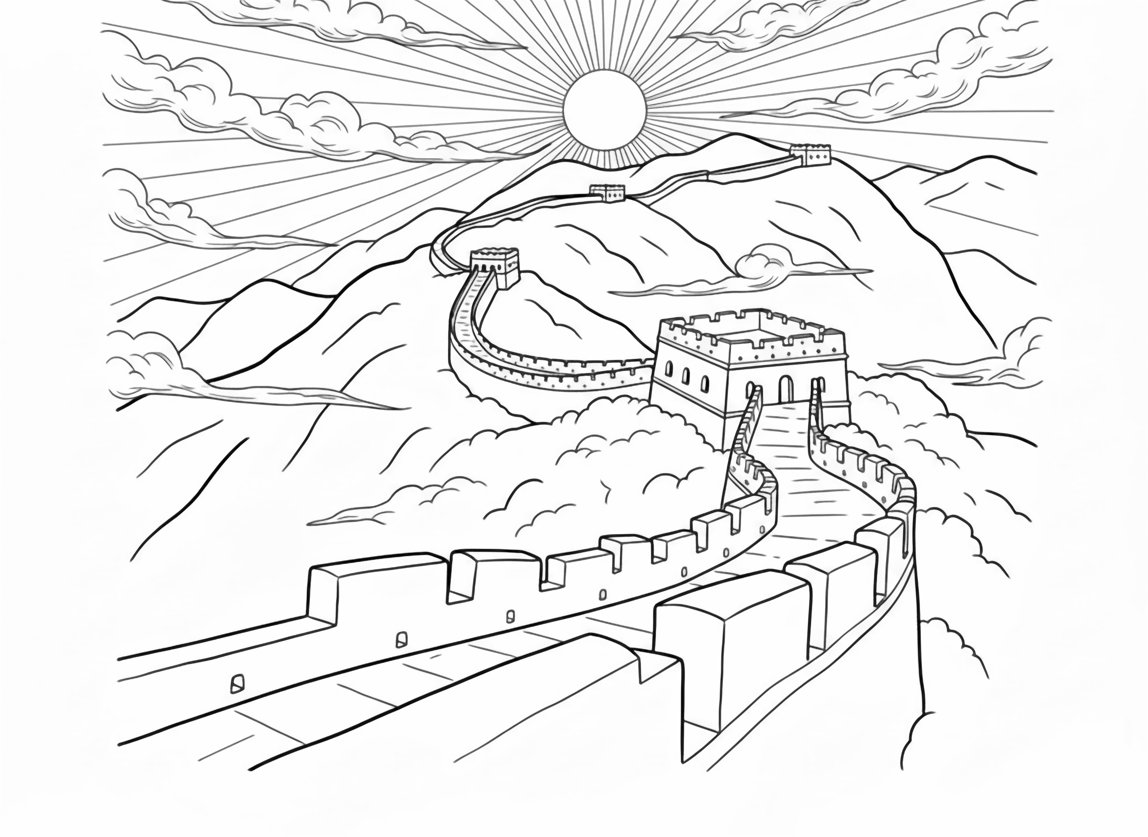 A page style drawing of the Great Wall of China winding across lush green mountains under a bright sky, featuring a prominent watchtower. kleurplaat