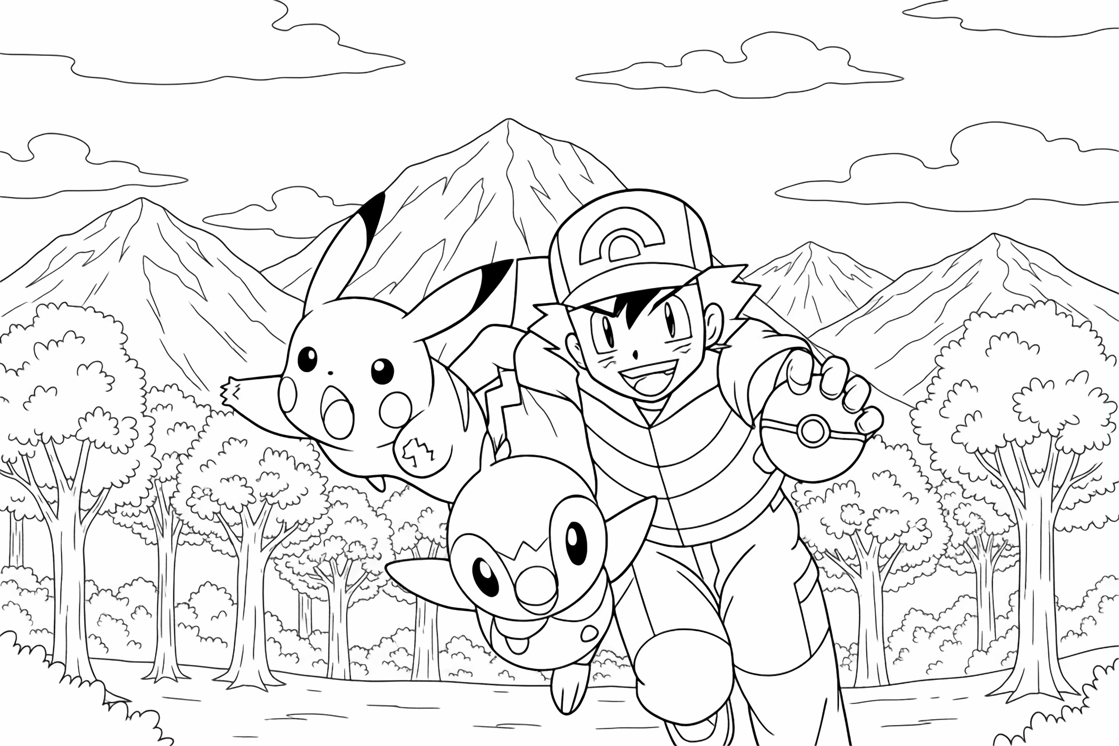 Ash Ketchum, Pikachu, and Piplup are dynamically posed, with Ash holding a Pok Ball, against a simple outdoor background, ready for . kleurplaat