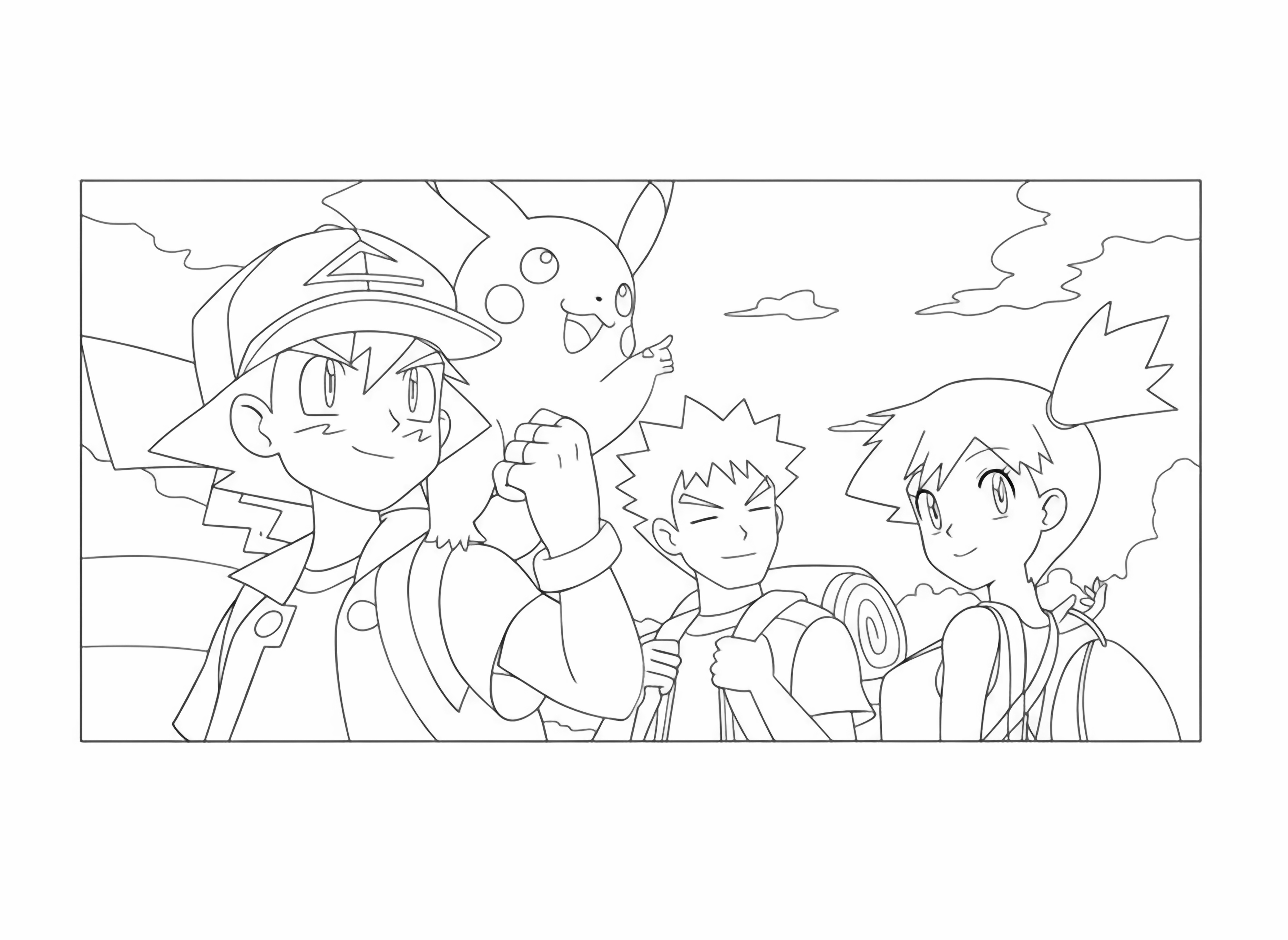 The image shows Ash, Pikachu, Brock, and Misty from Pokmon, looking determined against a vibrant sky, ready for adventure. kleurplaat