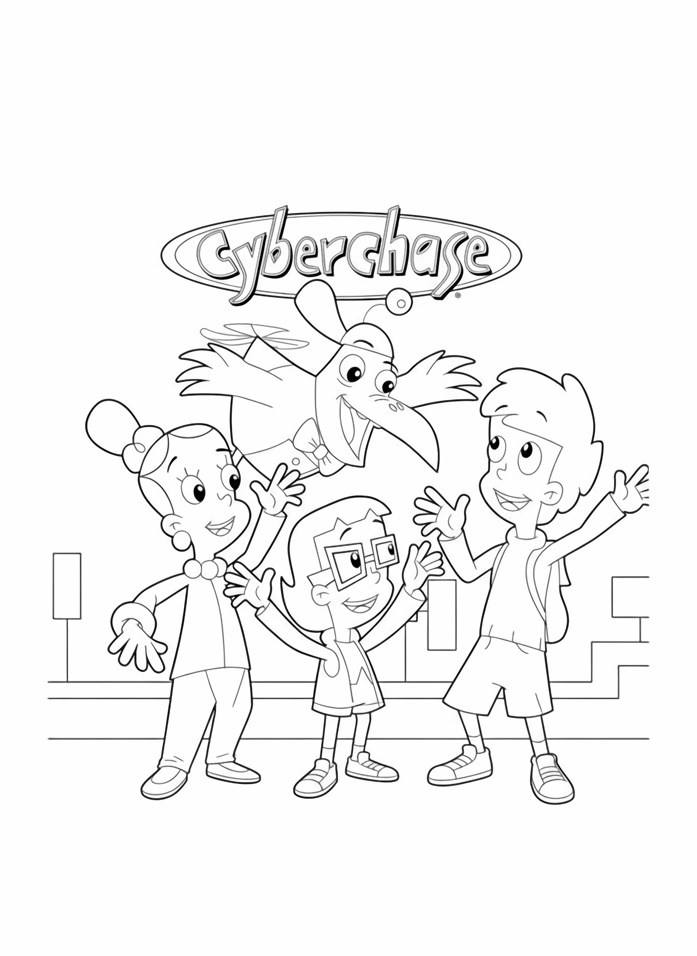 A page scene featuring Cyberchase characters Jackie, Inez, Matt, and Digit, all smiling and waving against a simple background. kleurplaat