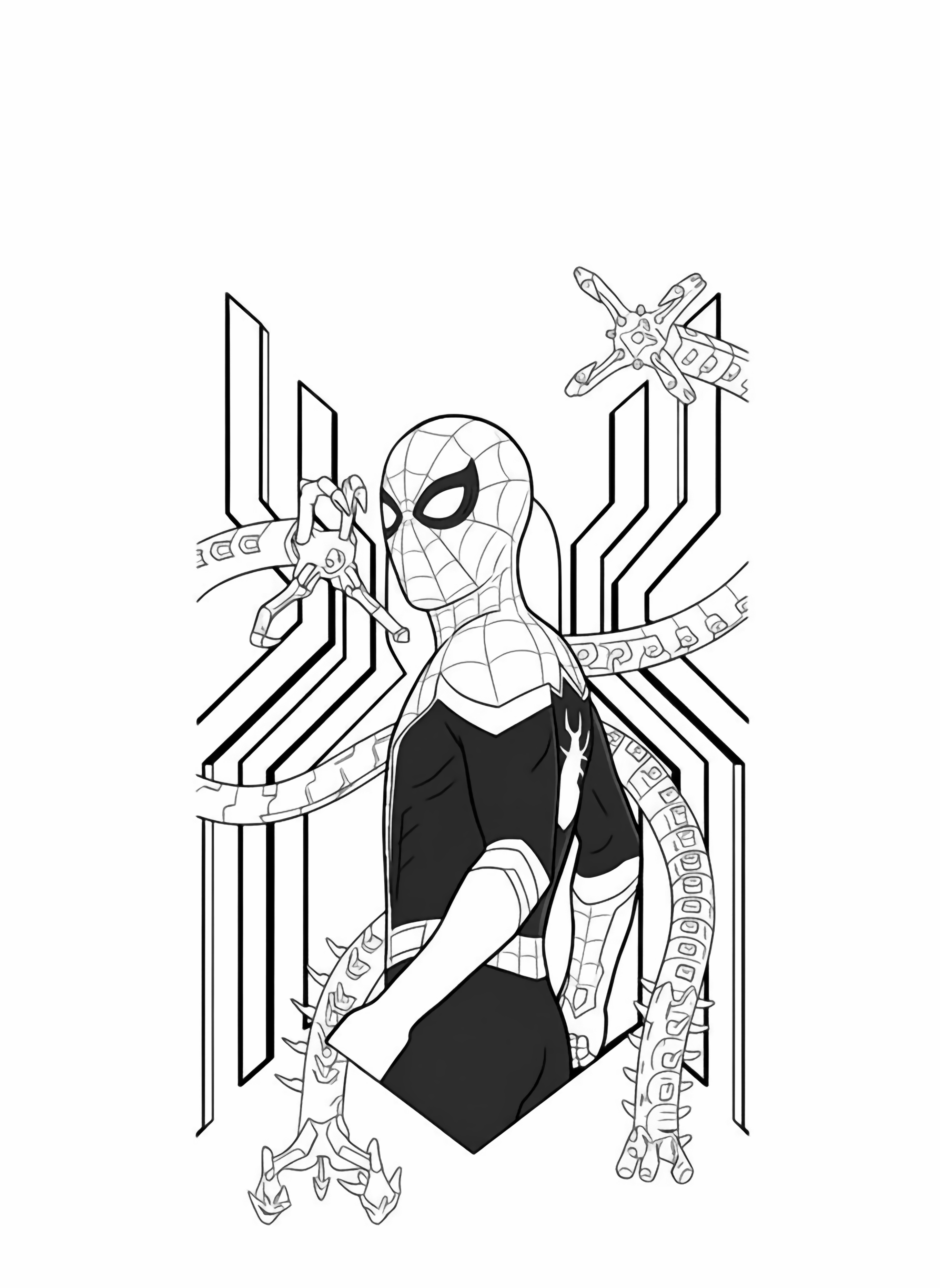 A page featuring Spider Man in his iconic suit, surrounded by dynamic mechanical tentacles and a stylized spider symbol in the background. kleurplaat