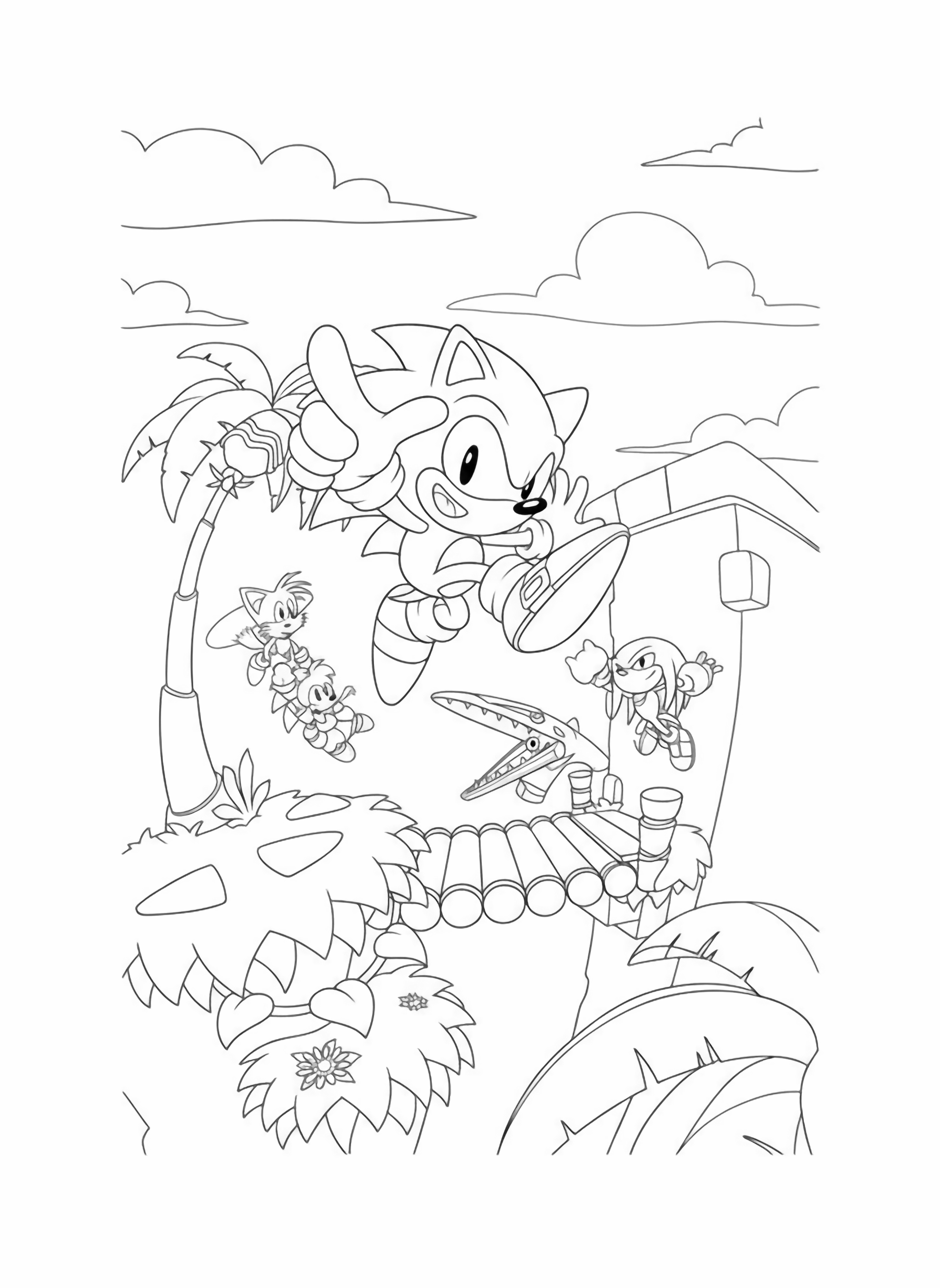 A colorful cartoon scene featuring Sonic the Hedgehog jumping mid air, surrounded by friends Tails, Amy, Knuckles, Vector in a plane, and Dr. Eggman in a flying craft, all set against a vibrant blue sky and tropical island landscape. kleurplaat