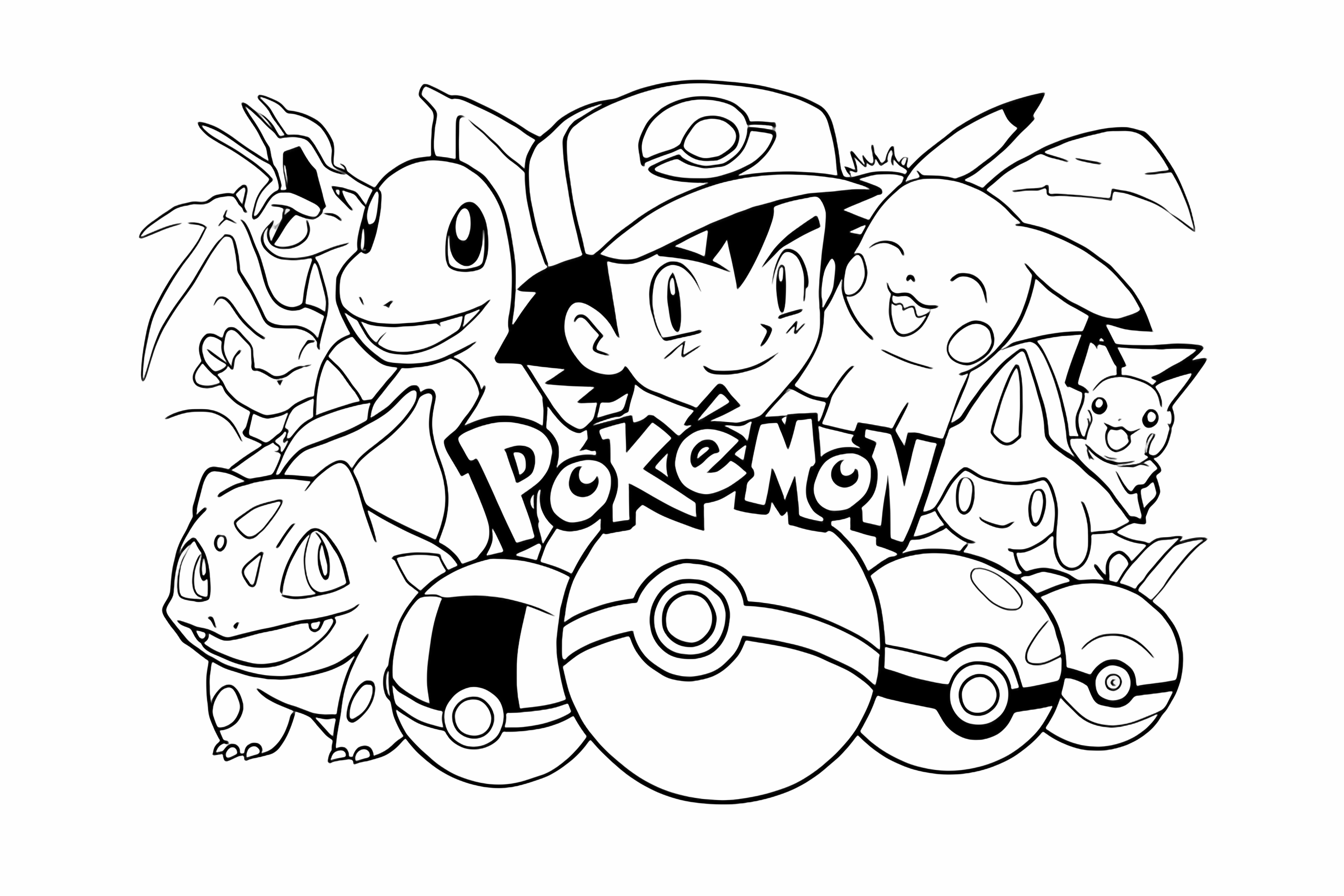 A cheerful group of iconic Pokmon characters like Ash, Pikachu, Charmander, and Bulbasaur, surrounded by other Pokmon and Pok Balls, filling a lively scene. kleurplaat