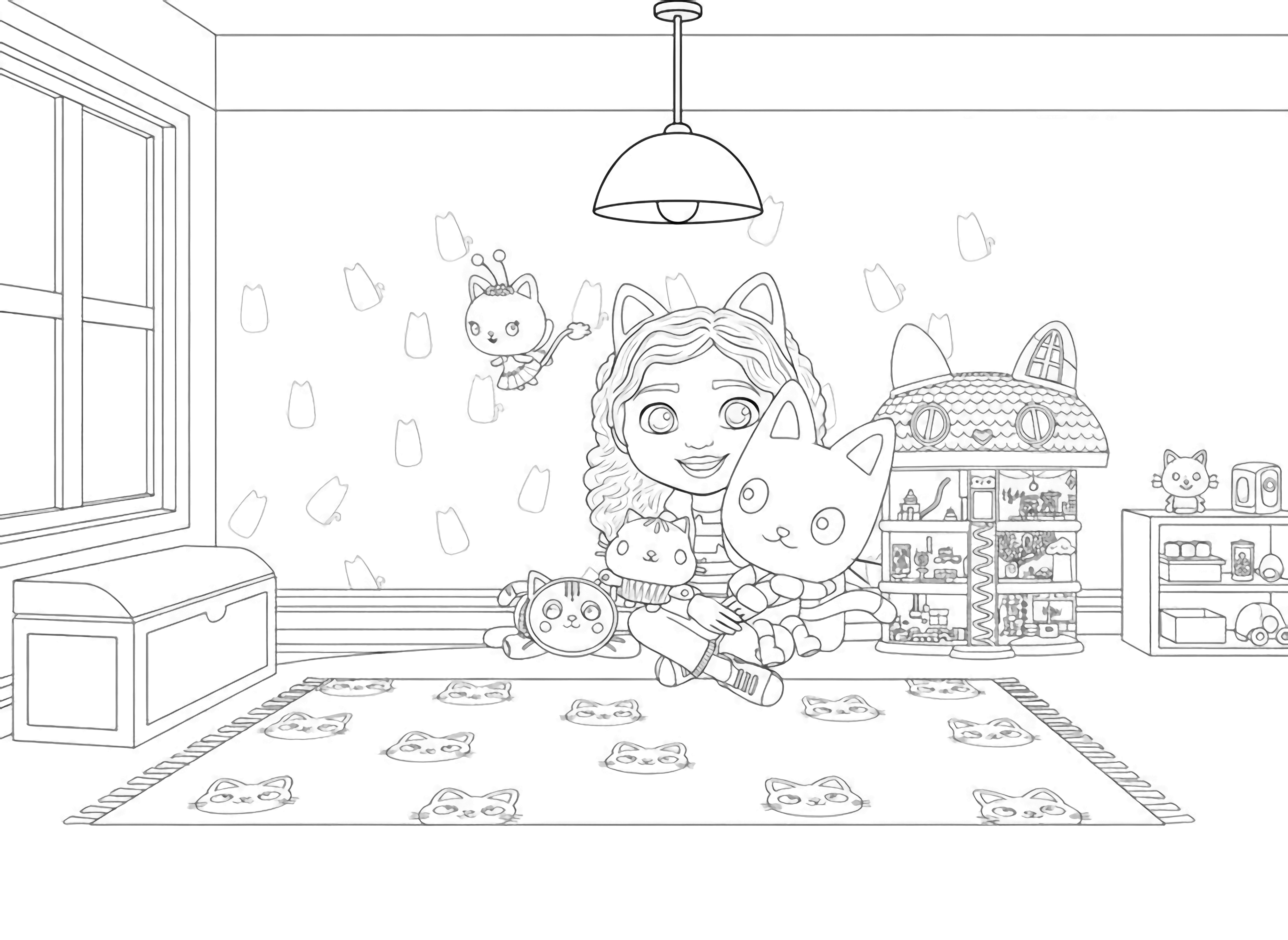 A cheerful cartoon girl with cat ears sits on a rug, holding Pandy Paws and another cat, with Cakey Cat and a large cat dollhouse nearby. kleurplaat