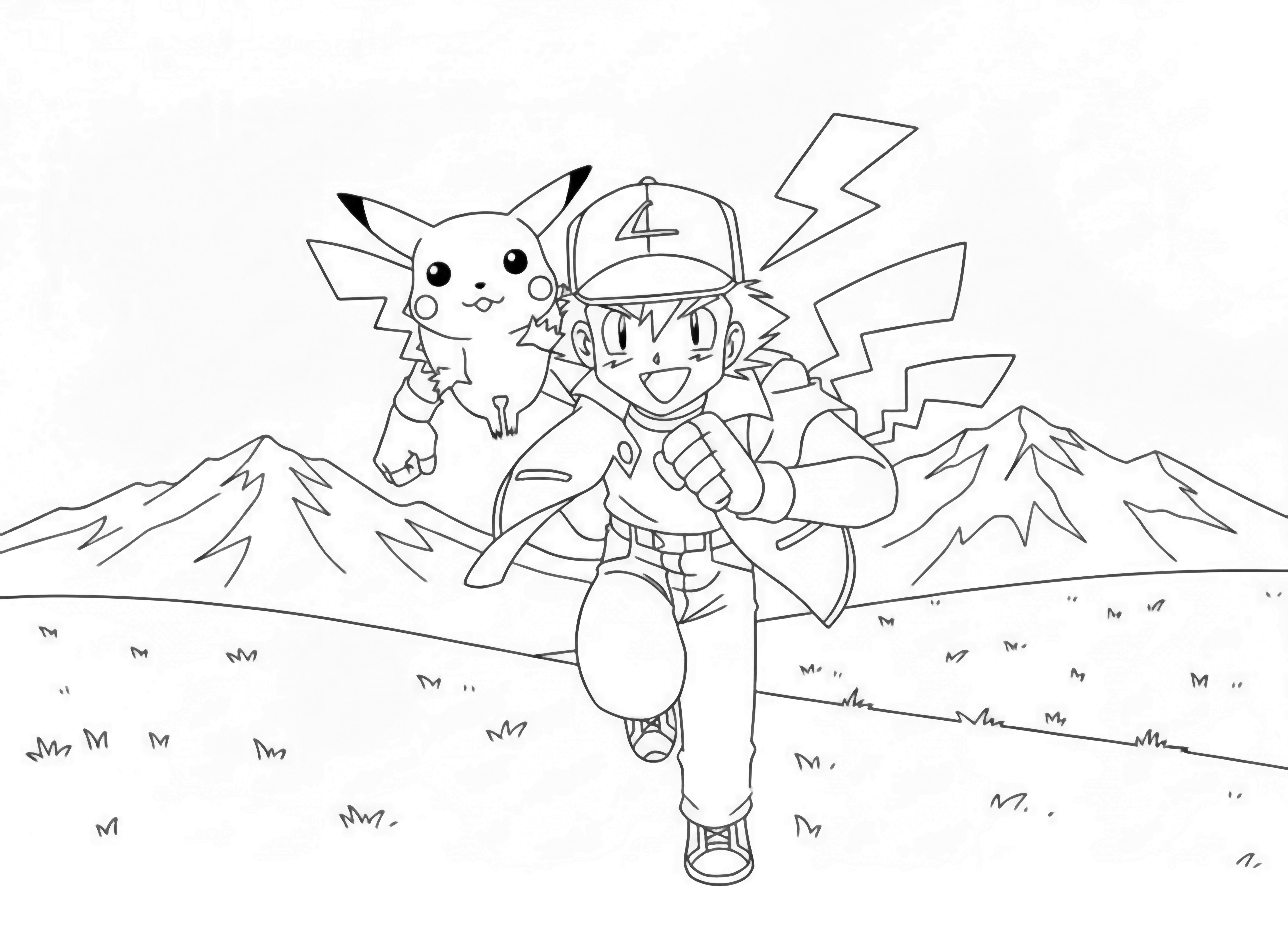 Ash and Pikachu running dynamically forward against a background of lightning bolts, in a cheerful, energetic pose suitable for a page. kleurplaat