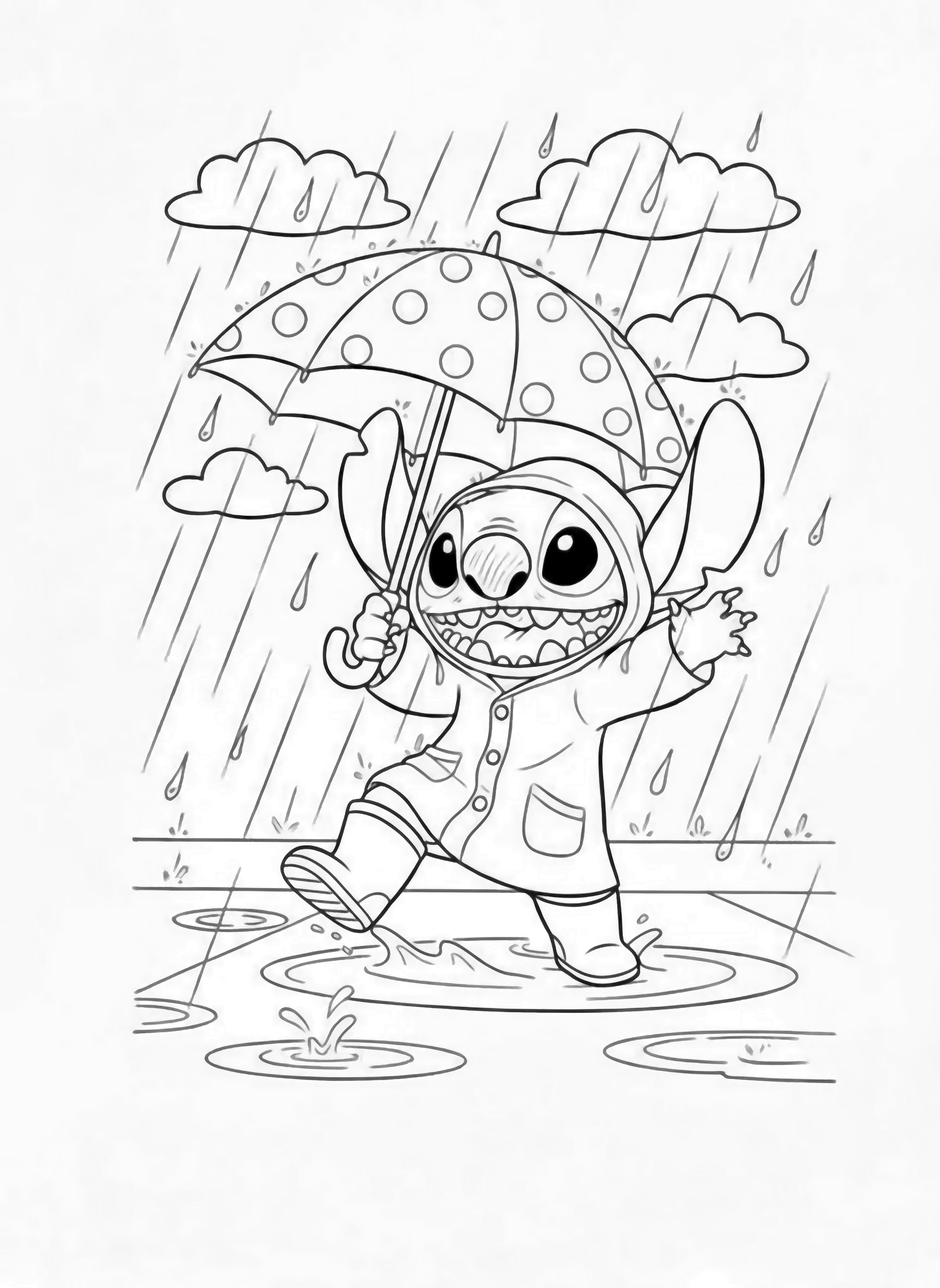 A black and white page of Stitch joyfully splashing through puddles in the rain The mischievous alien wears a big smile as he holds a polka dot umbrella above his head his large ears peeking out Raindrops fall in gentle lines around him creating tiny ripples in the clean black and white line drawing minimal shading no colour no fill kleurplaat