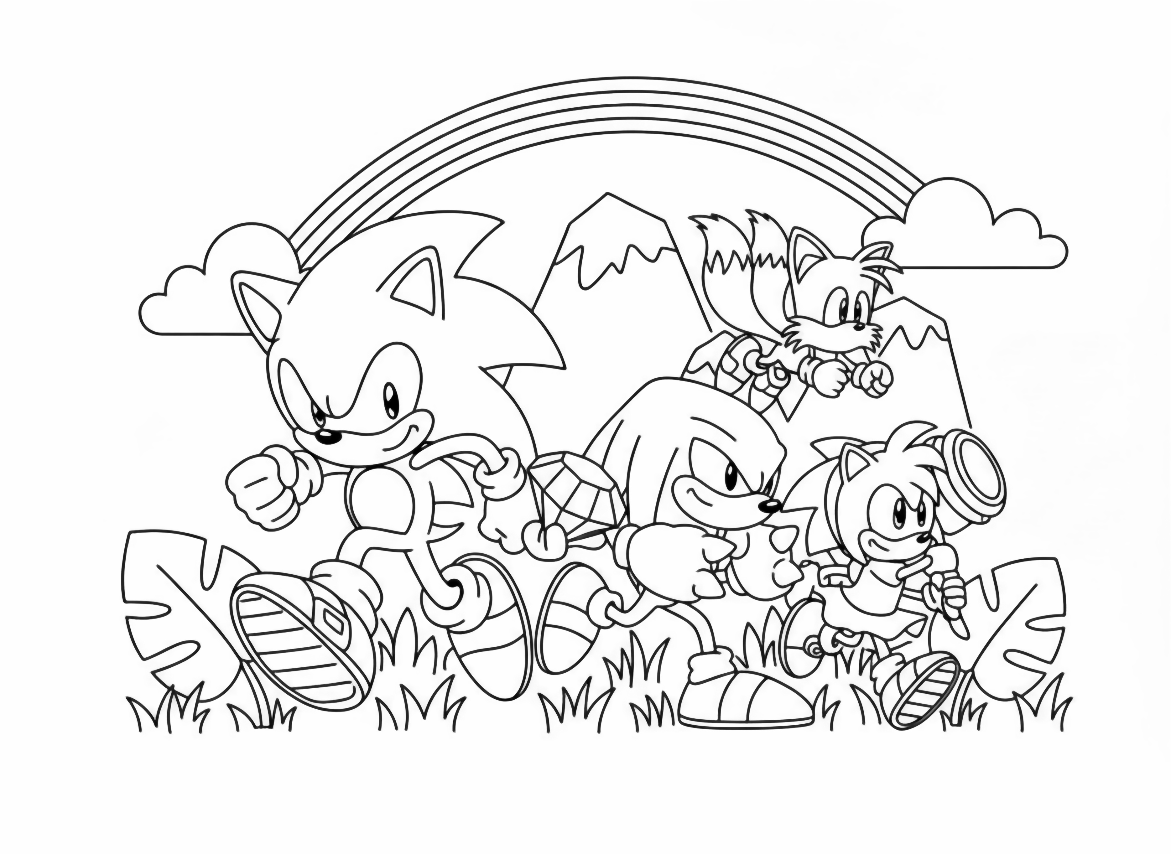 Sonic and his friends, Tails, Knuckles, and Amy, are running through a vibrant cartoon landscape with a rainbow, holding a shining green Chaos Emerald. kleurplaat