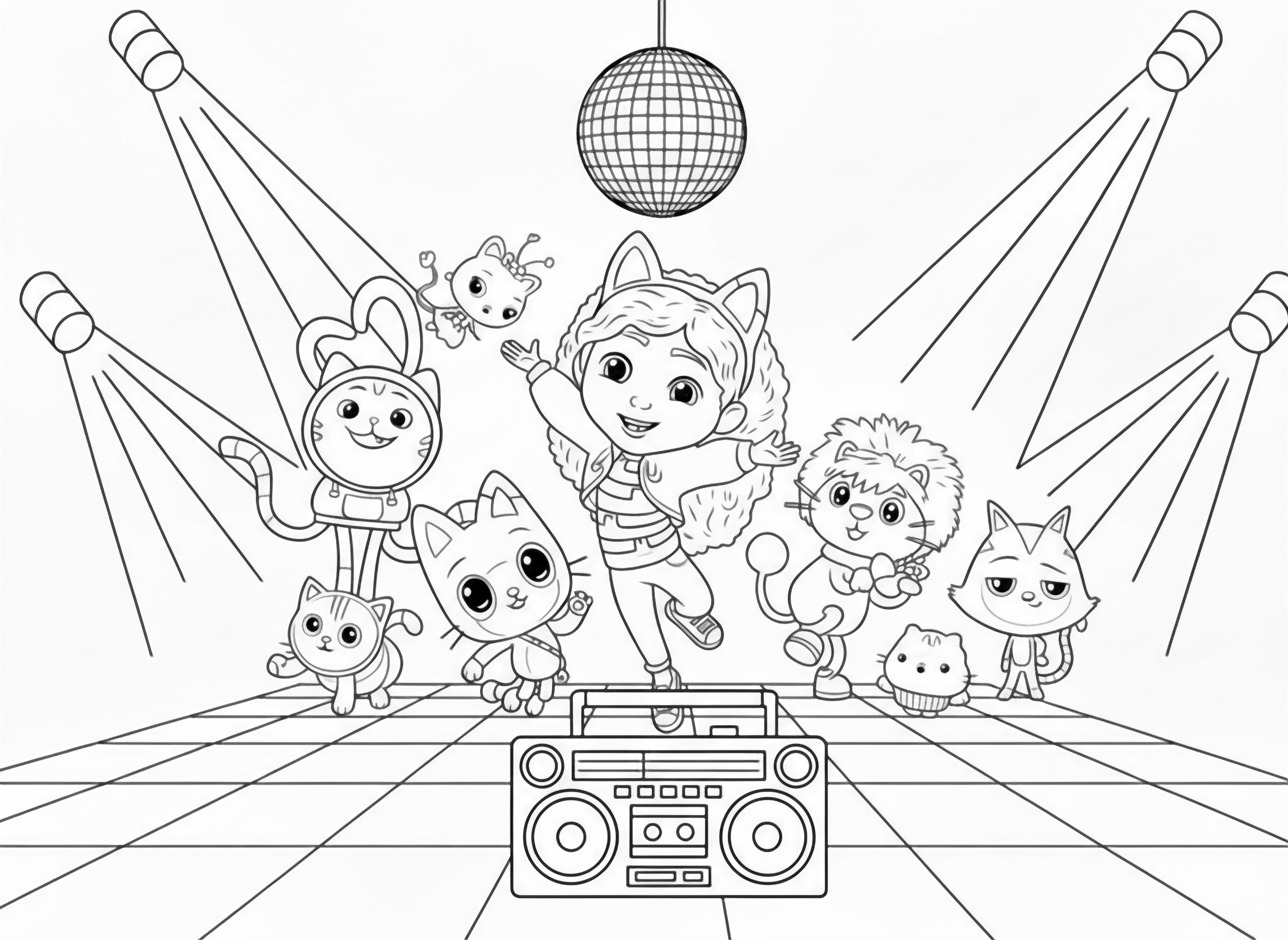 A cartoon scene featuring Gabby, Pandy Paws, and several other cat themed friends, surrounded by hearts and confetti, all dancing and posing in a whimsical, joyful setting. kleurplaat