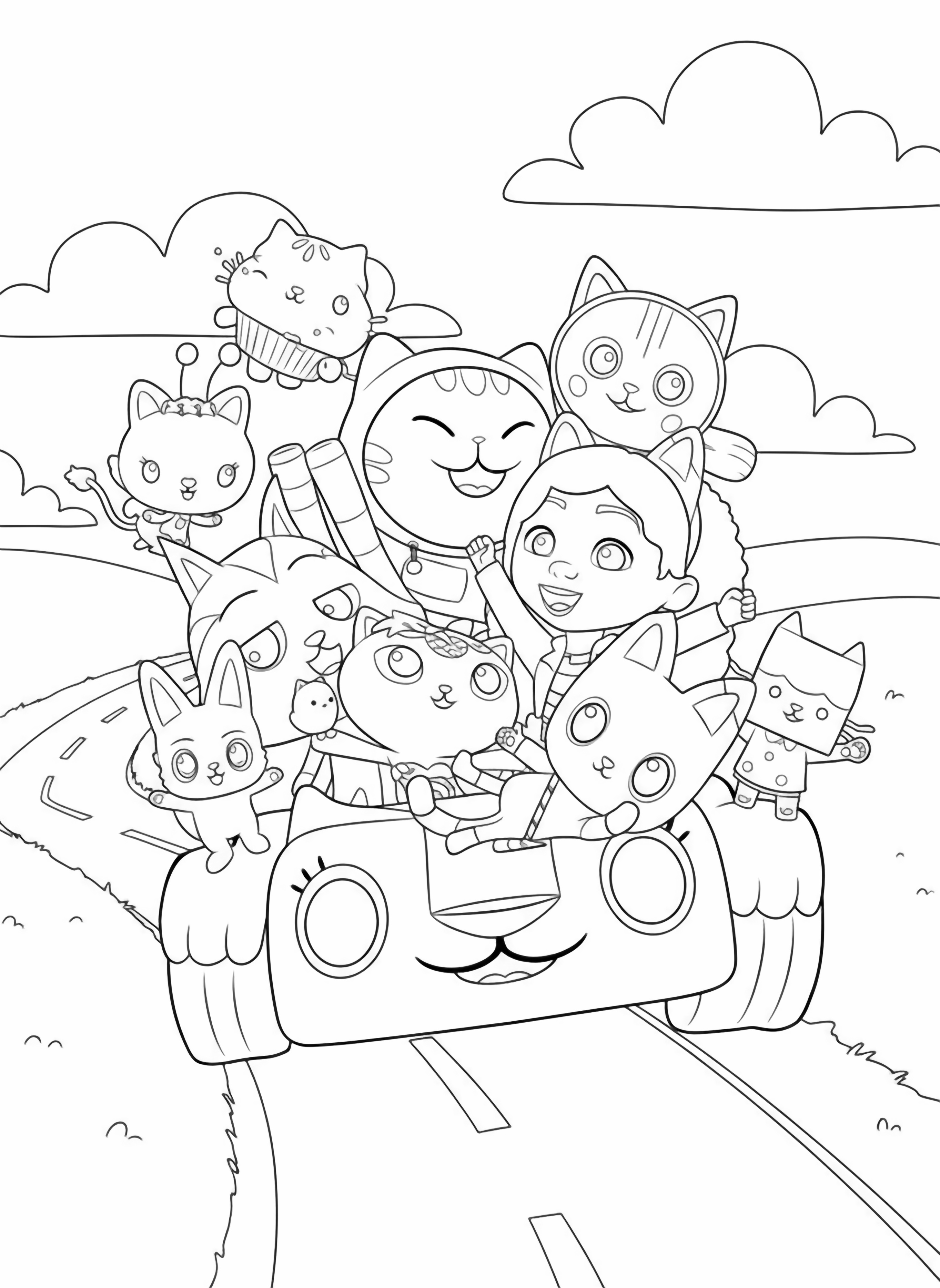 A group of cheerful cartoon characters, including a girl and several cat like creatures, riding happily together in a colorful, whimsical cat shaped car, depicted in a playful, animated style. kleurplaat