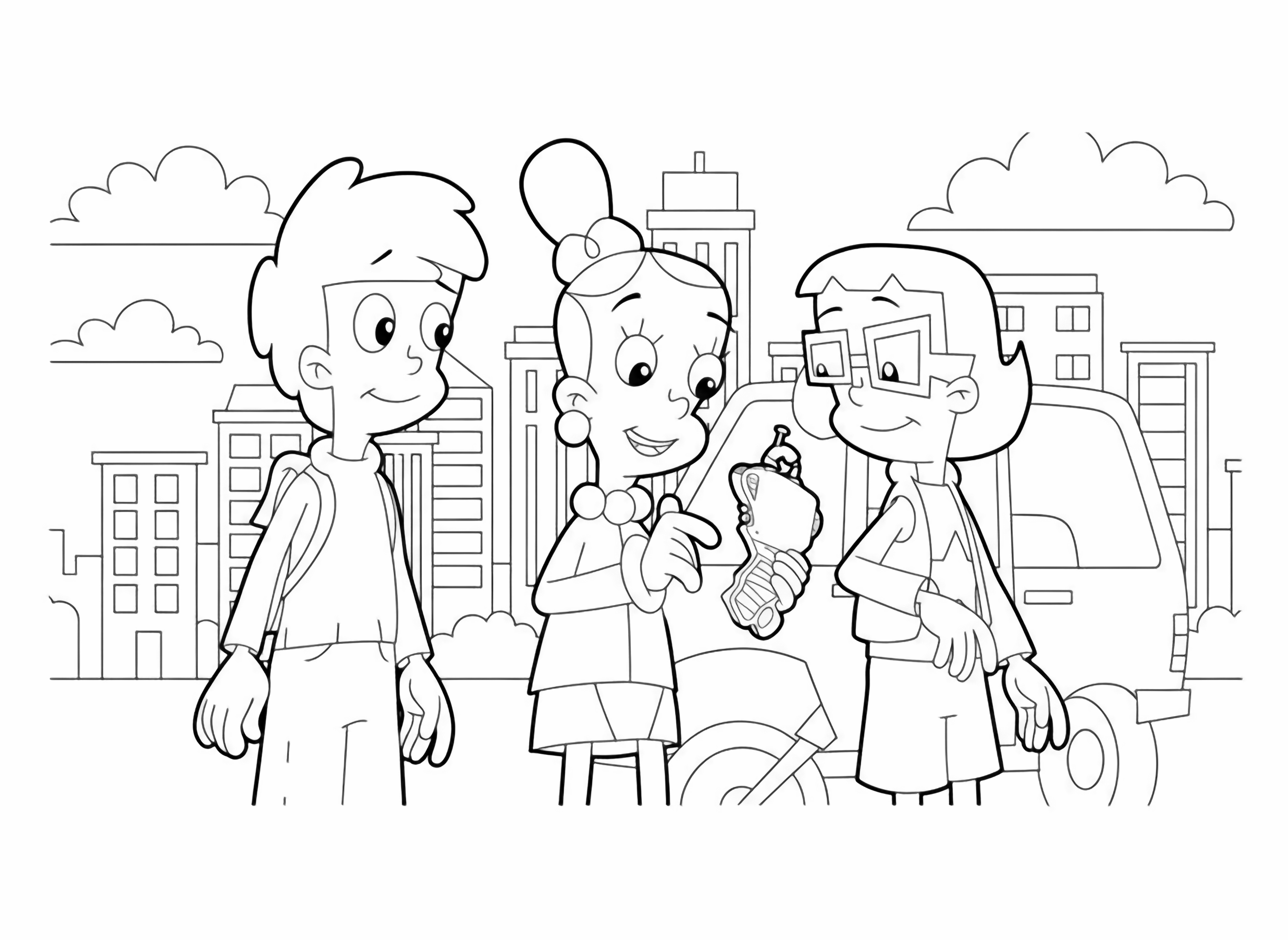 A page scene depicting three cartoon children, Matt, Jackie, and Inez, centered and examining a small device, with a large red vehicle in the background. kleurplaat