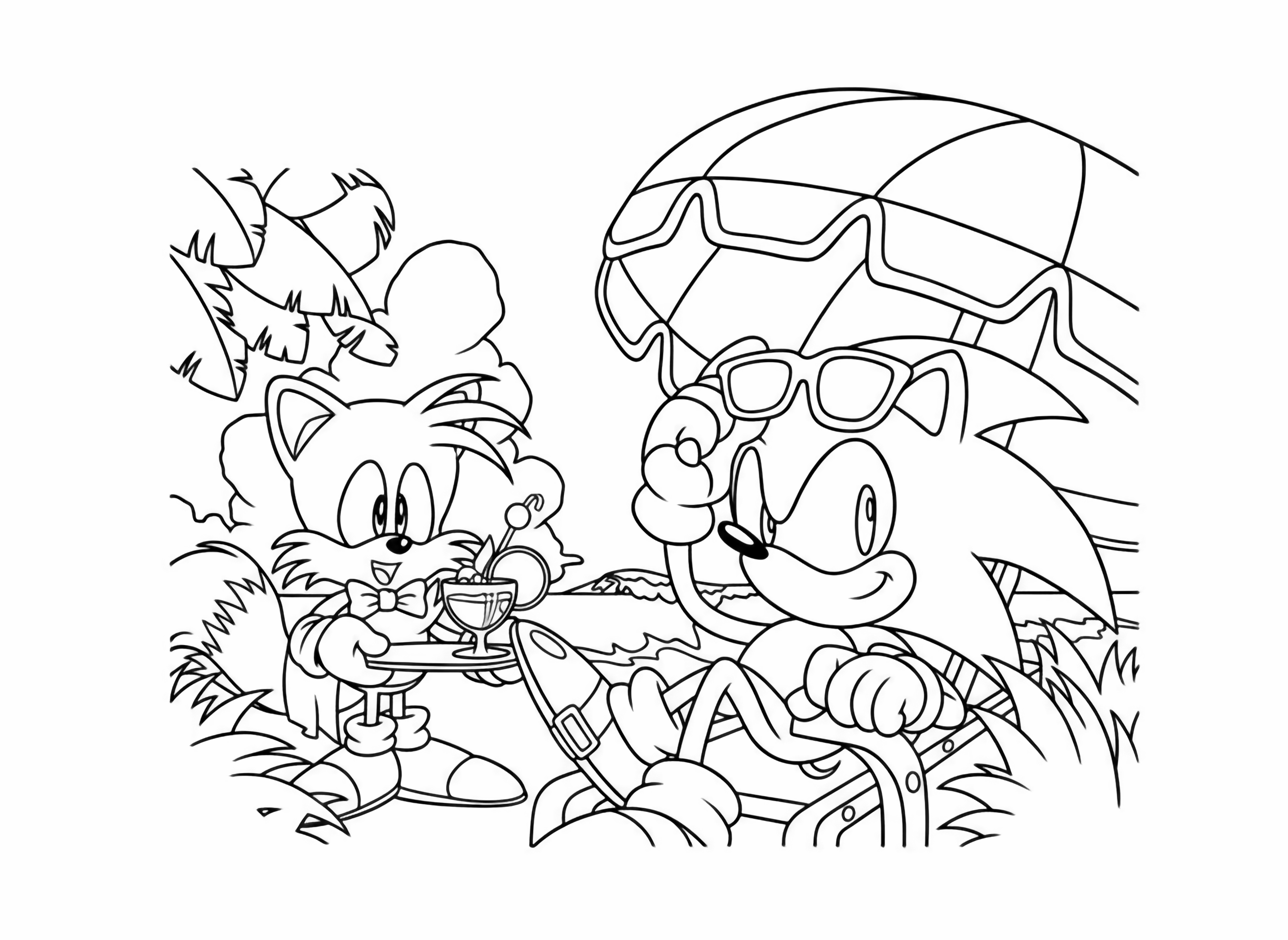 Sonic relaxes on a beach chair under an umbrella while Tails serves him a drink on a sunny tropical beach, depicted in a classic cartoon style perfect for a book. kleurplaat