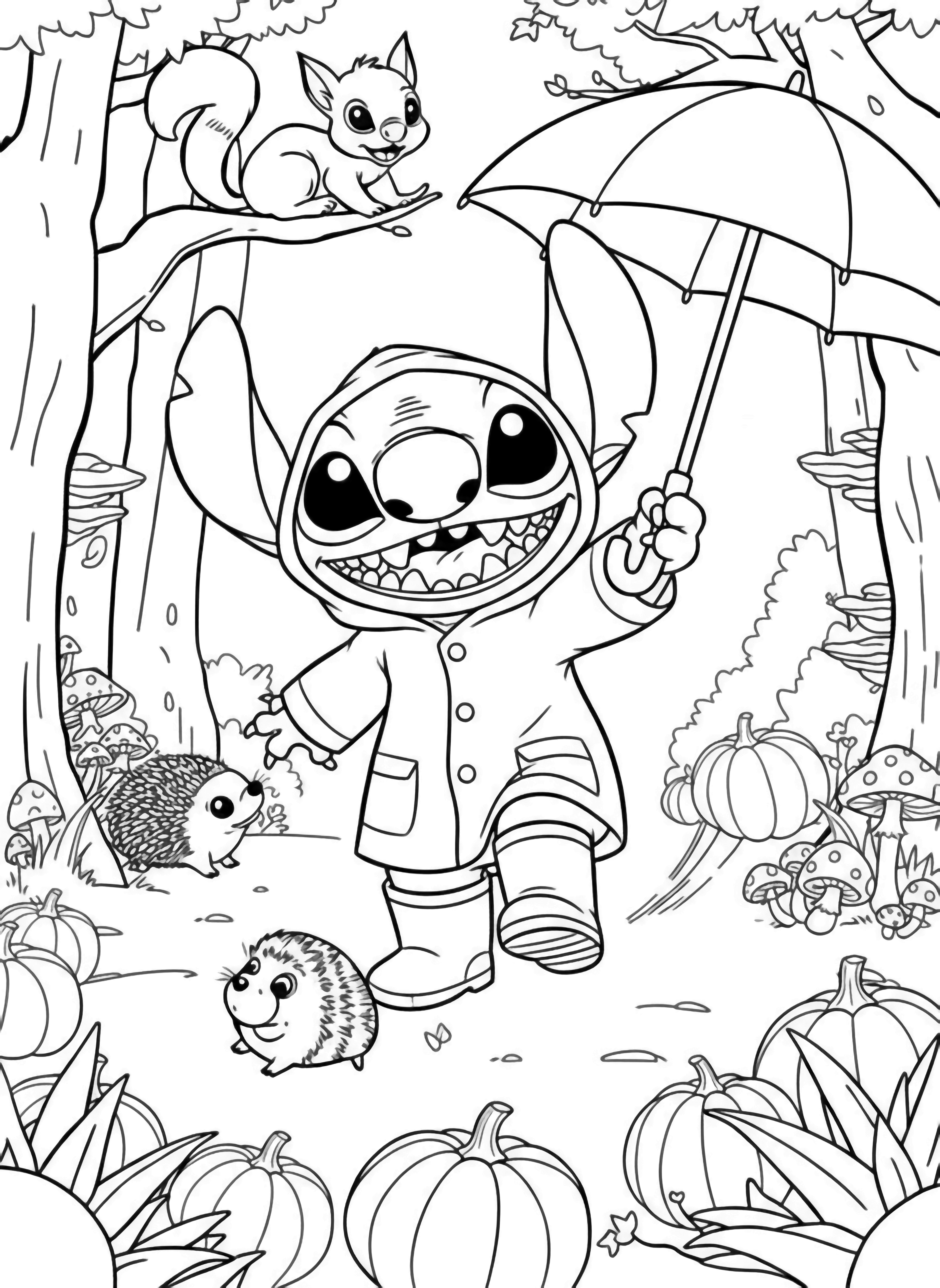 A black and white page showing Stitch gleefully racing through a peaceful forest his ears flapping in the wind as he playfully chases after a tiny hedgehog and a fluffy squirrel The hedgehog rolls into a little ball while the squirrel leaps from branch to branch above its fluffy tail curled like a question clean black and white line drawing minimal shading no colour no fill kleurplaat