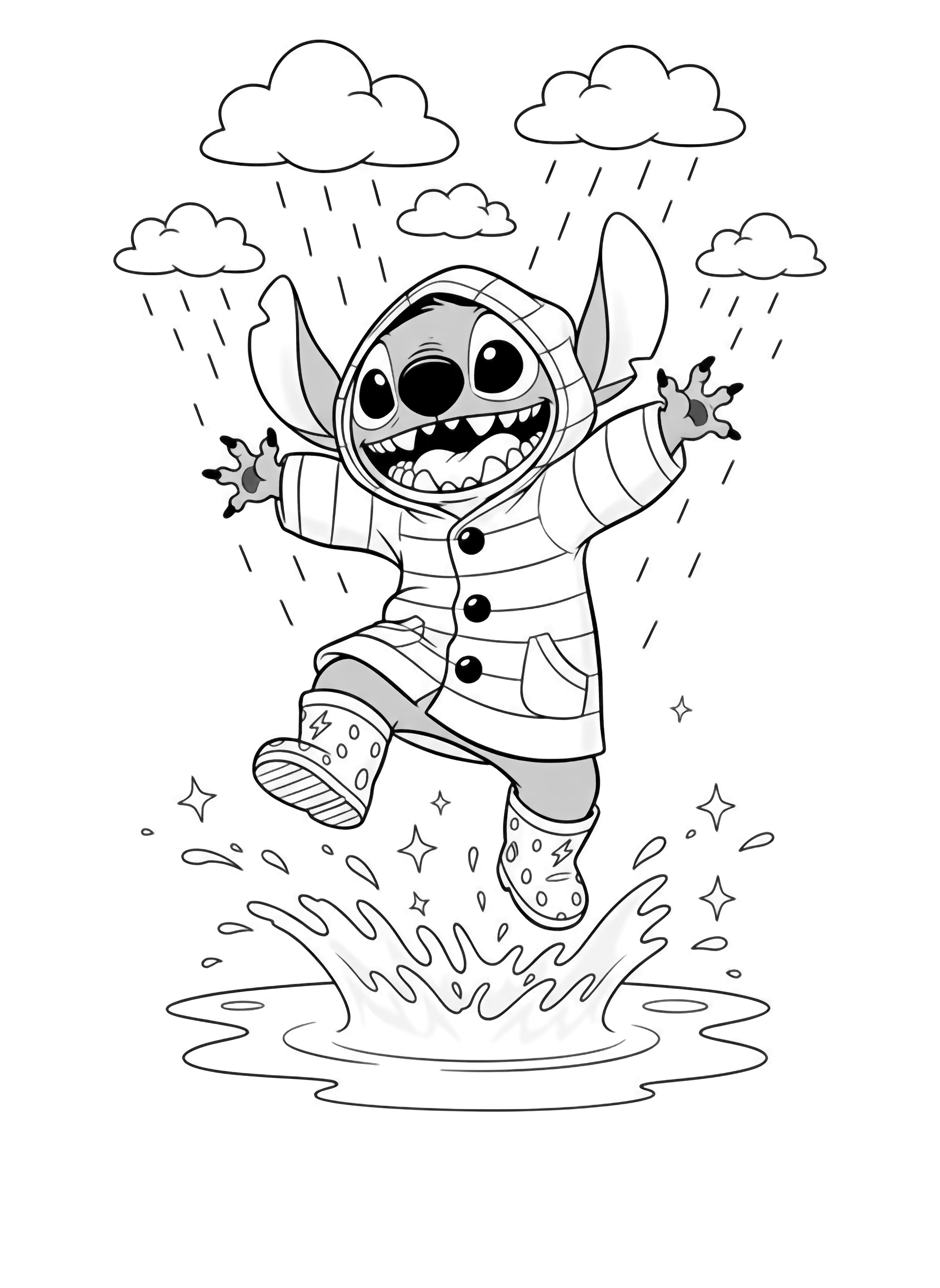 A black and white illustration of Stitch wearing a cheerful raincoat with big buttons and a floppy hood splashing joyfully in a puddle His rain boots are decorated with tiny lightning bolts and water droplets splash up around him like sparkling stars He's mid jump with arms wide and a huge grin clean black and white line drawing minimal shading no colour no fill kleurplaat
