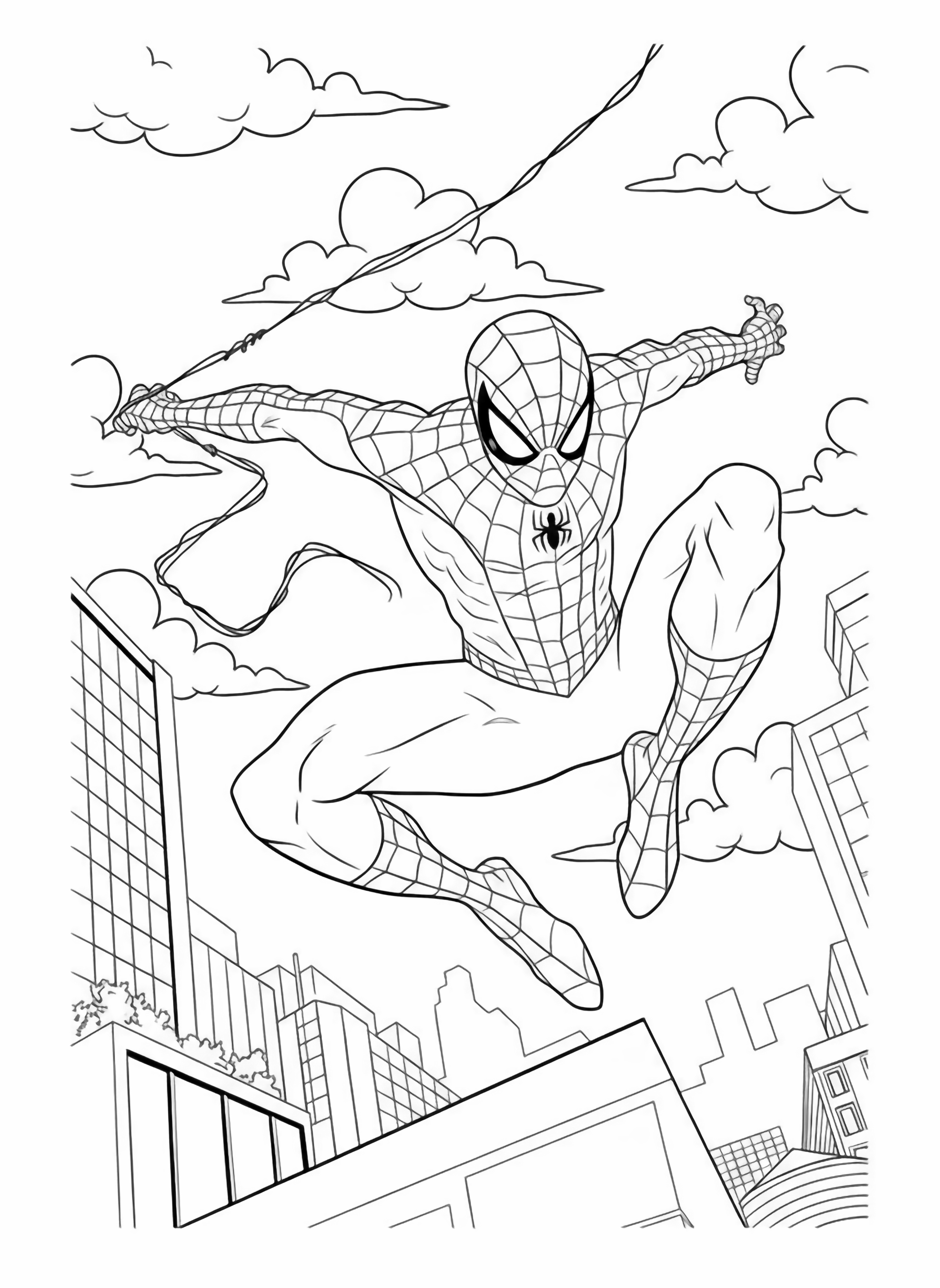 Spider Man swings dynamically through a bustling cityscape under a bright sky, depicted in a classic comic book art style. kleurplaat