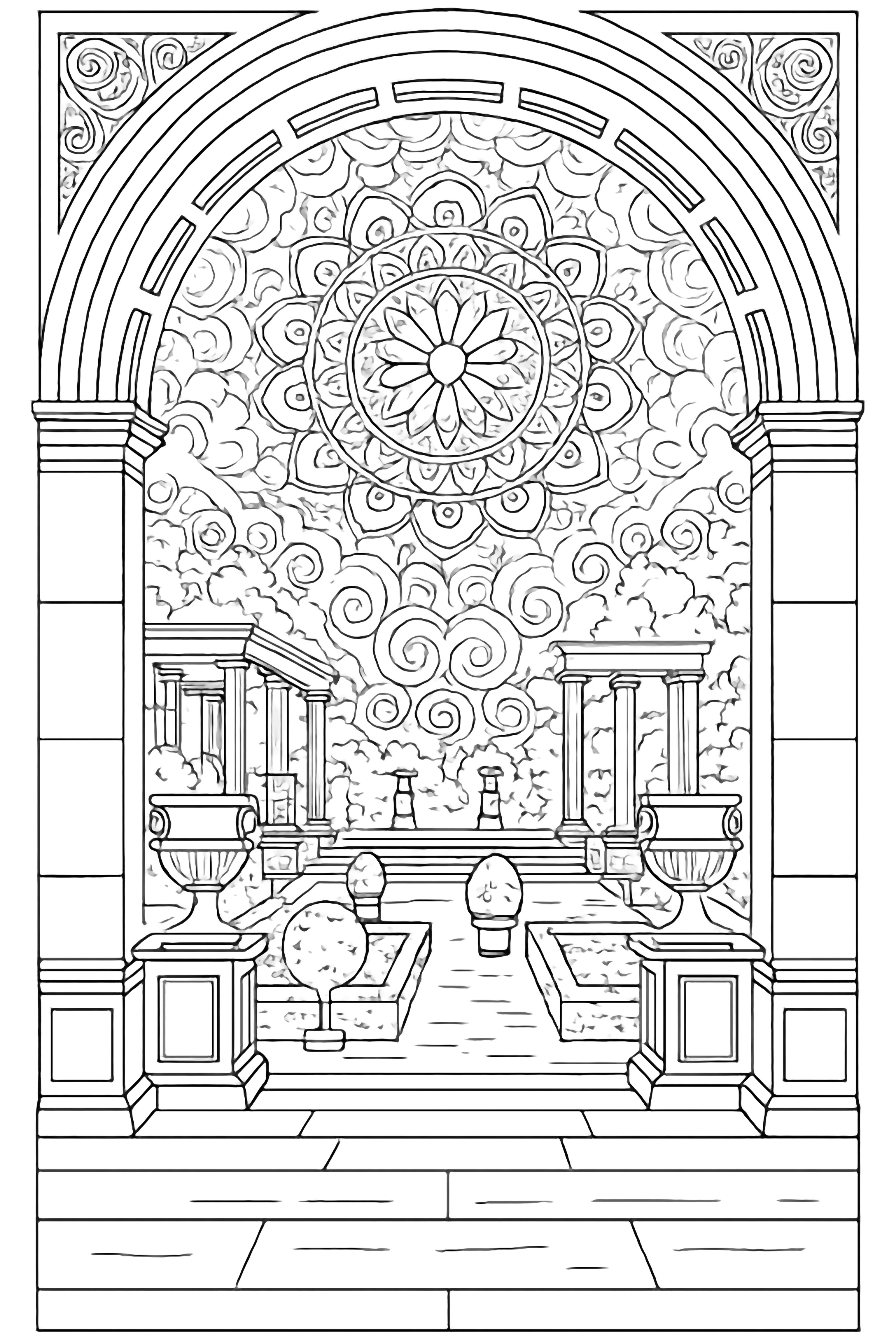 Een pagina met een klassiek tuinlandschap, omlijst door een sierlijke boog, met zuilen, boompjes in vorm, urnen en een gedetailleerd mandalapatroon op de achtergrond. kleurplaat