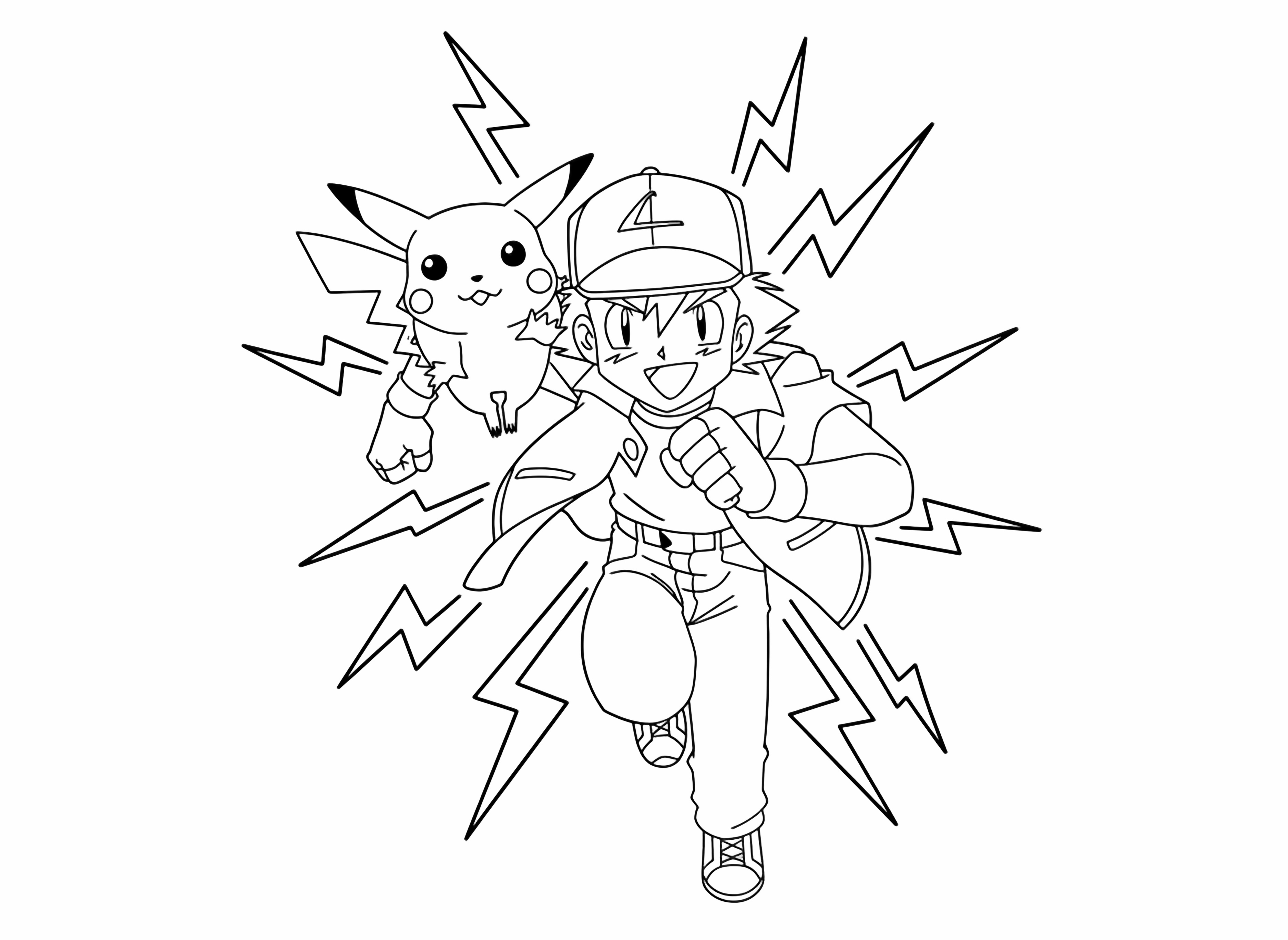 Ash Ketchum and Pikachu enthusiastically run forward against a background of lightning bolts, captured in a dynamic anime art style suitable for a page. kleurplaat