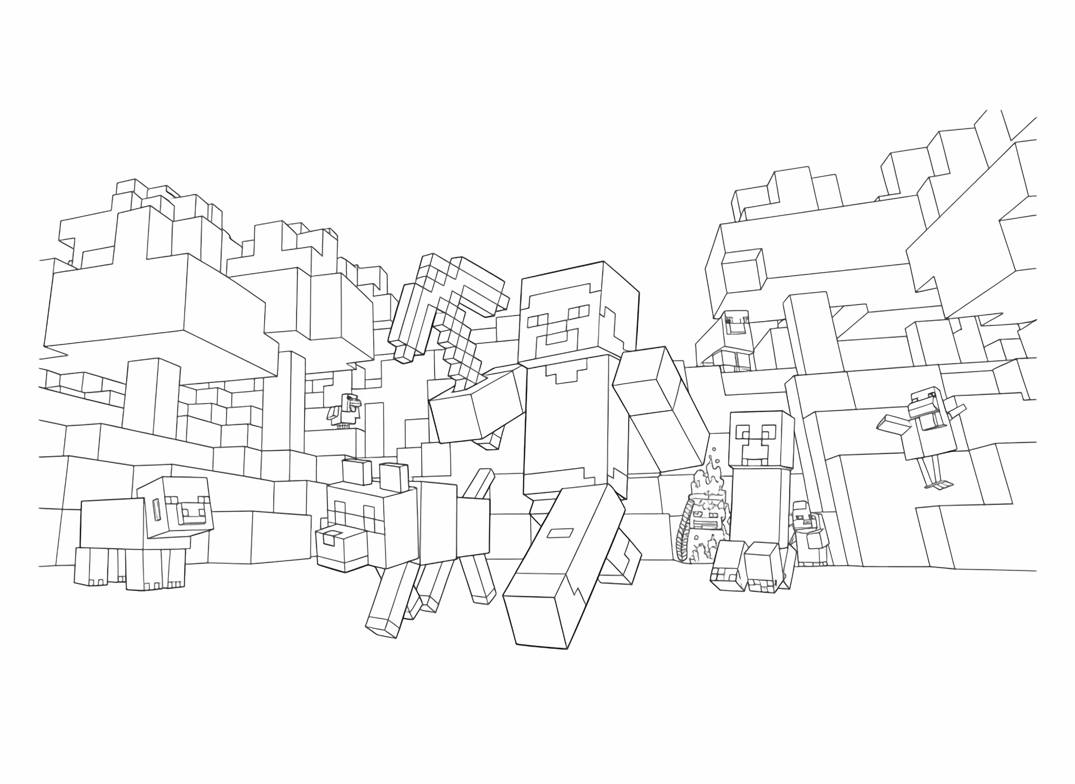 A playful Minecraft scene features Steve with a pickaxe, accompanied by friendly animals and confronting hostile creatures, all set within a vibrant, blocky outdoor environment for . kleurplaat