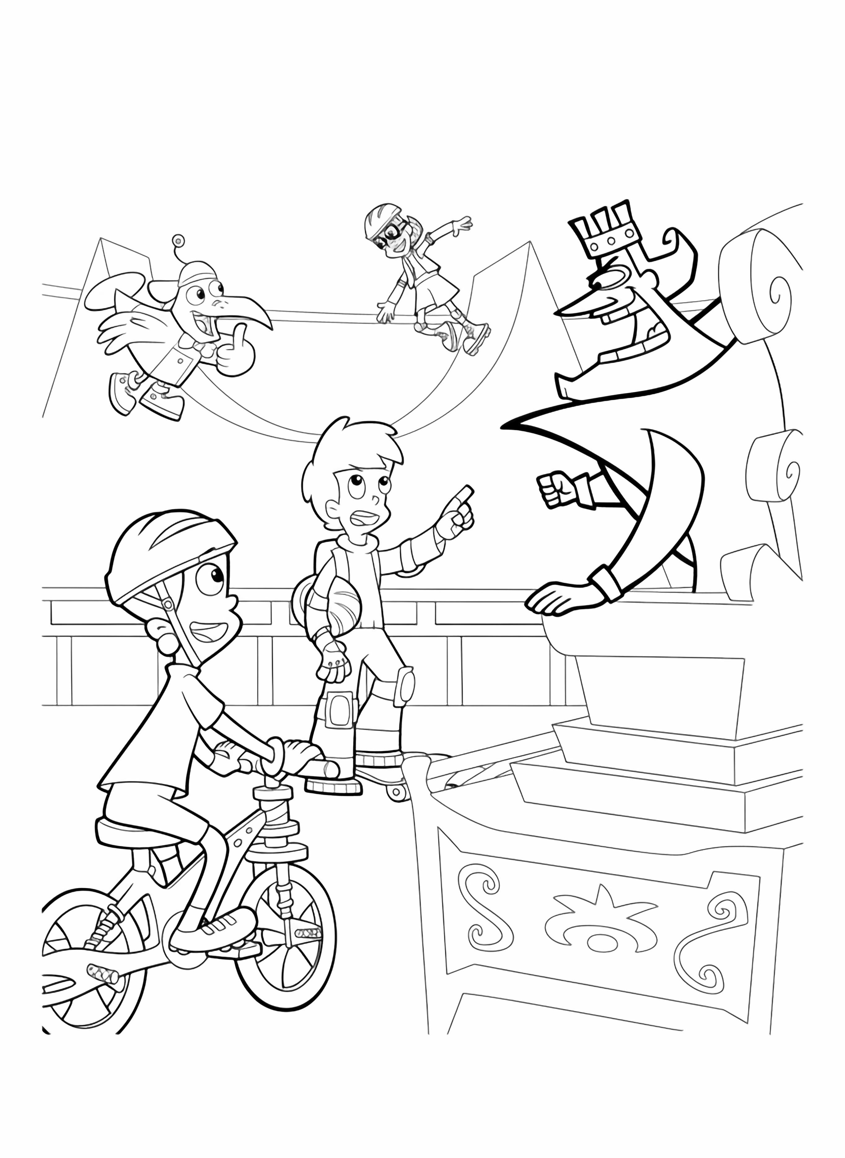 A cartoon scene features a boy on a bike, a boy on rollerblades pointing, a girl rollerblading down a ramp, a flying bird creature, and a green faced villain on a podium. kleurplaat