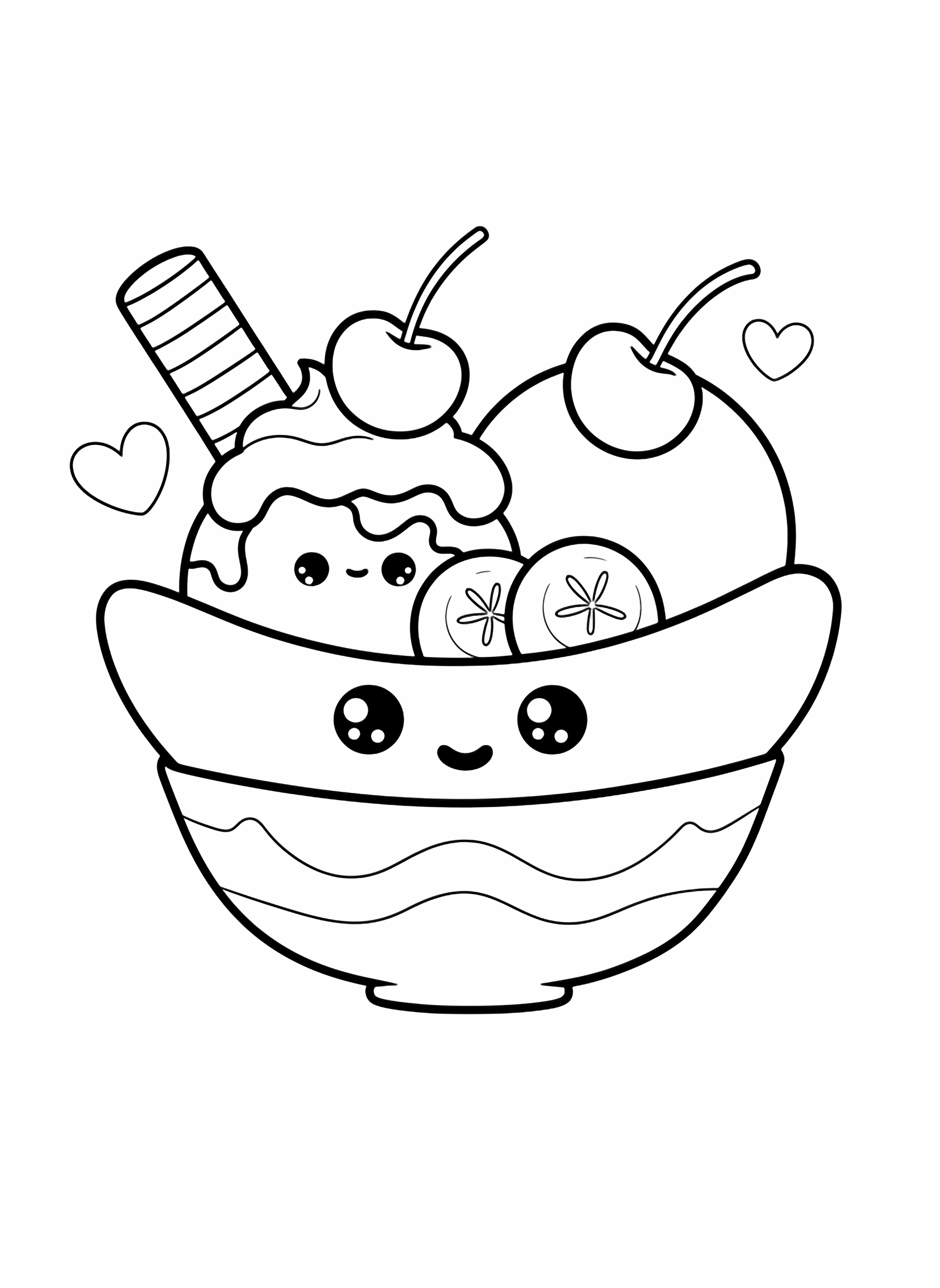 A cute cartoon banana split sundae with kawaii faces on the chocolate ice cream and banana boat, featuring strawberry ice cream, whipped cream, cherries, banana slices, and a wafer stick in a coloring page style. kleurplaat