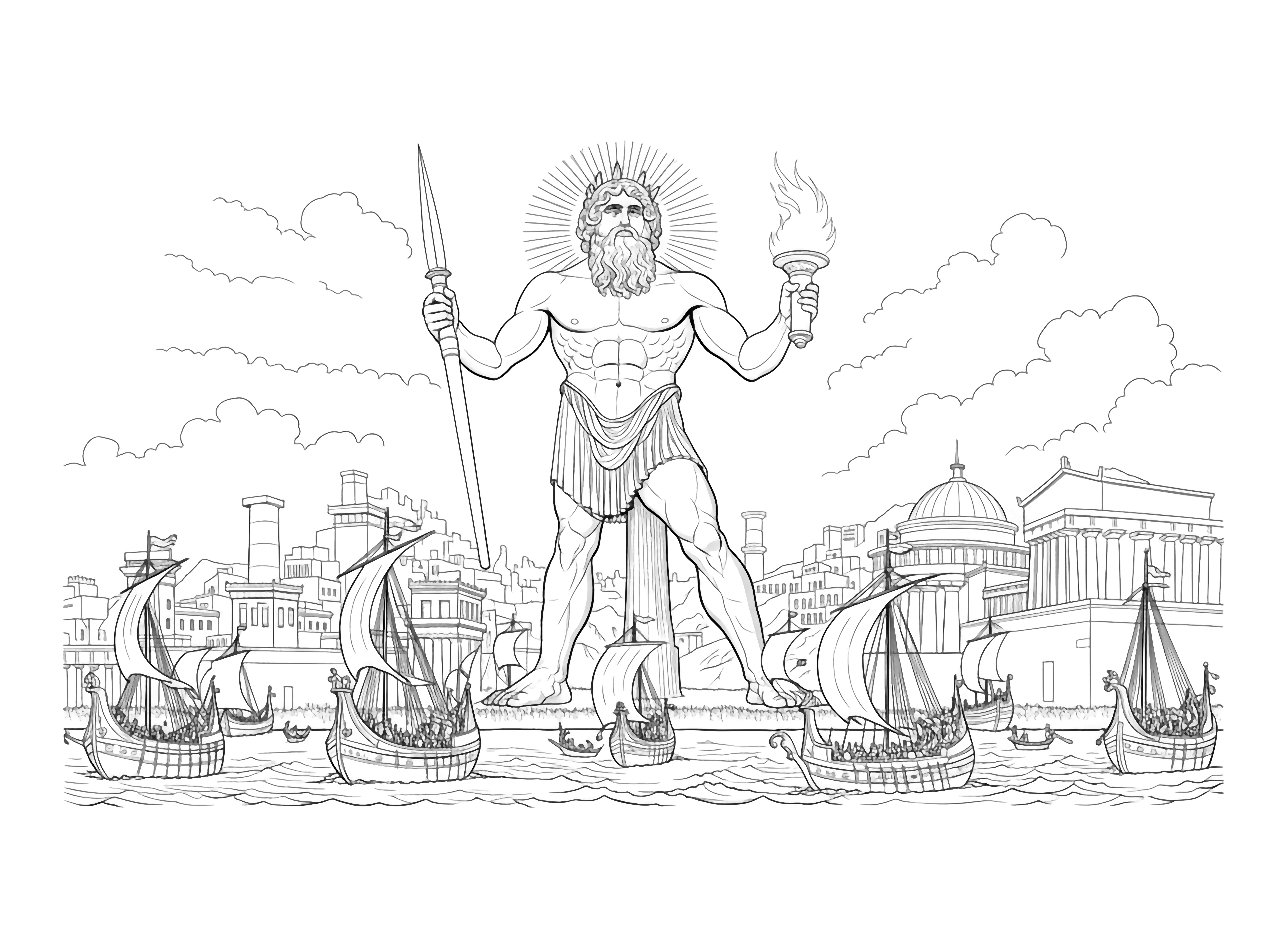 A grand depiction of the Colossus of Rhodes, a massive bearded figure holding a spear and torch, straddling a harbor with ancient ships sailing through, surrounded by an ancient city under a cloudy sky. kleurplaat