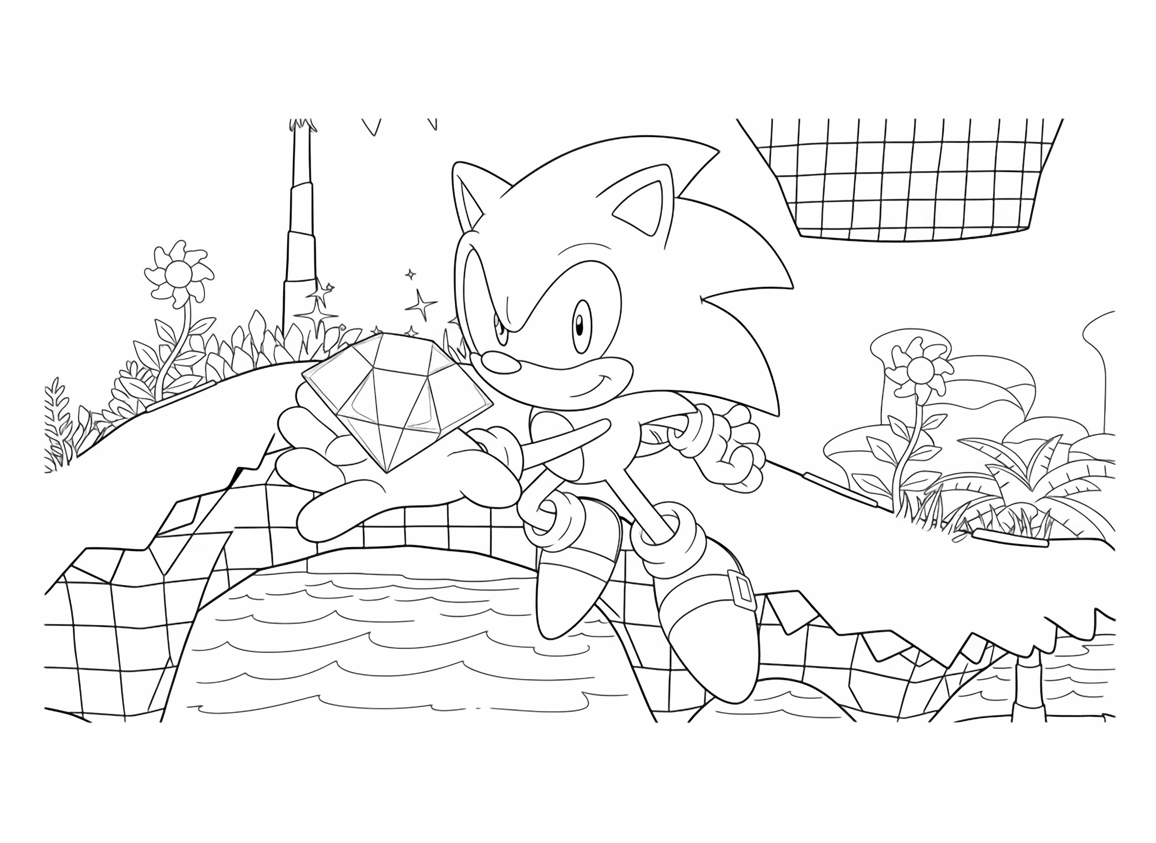 Sonic the Hedgehog, mid air, holds a glowing green gem over a checkerboard bridge amidst lush green hills with sunflowers, against a bright blue sky. kleurplaat