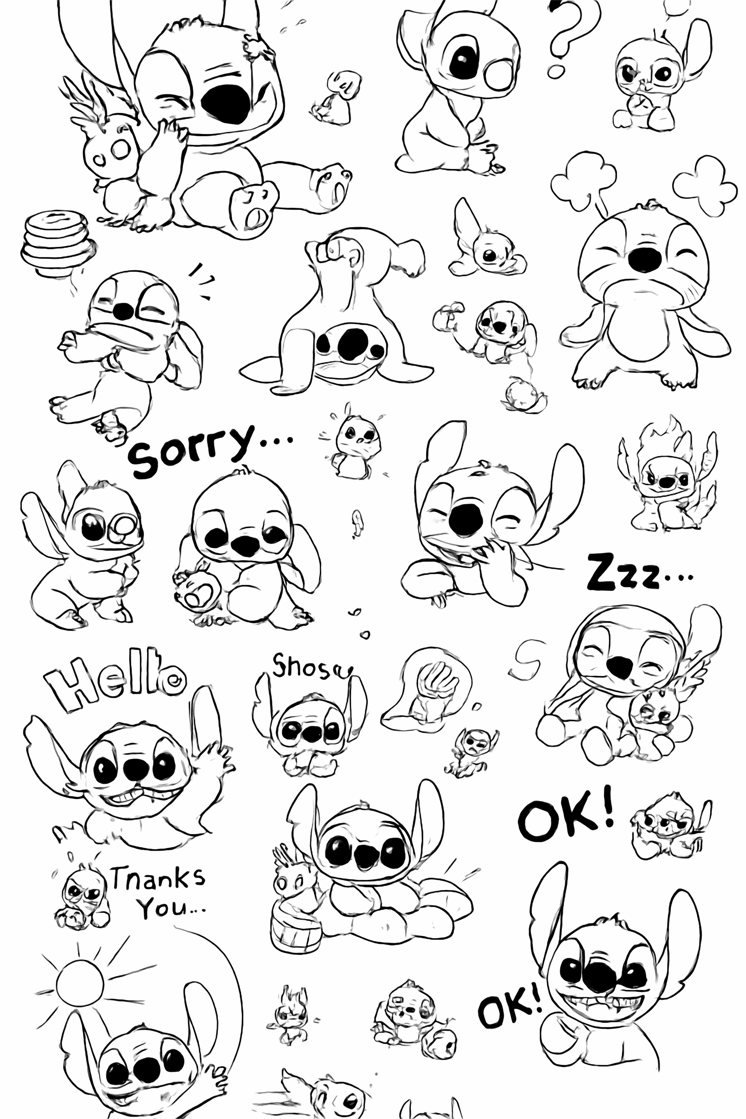 A collection of cute cartoon character Stitch in various expressions and poses, sometimes with Angel, on a light background, suitable for a page. kleurplaat