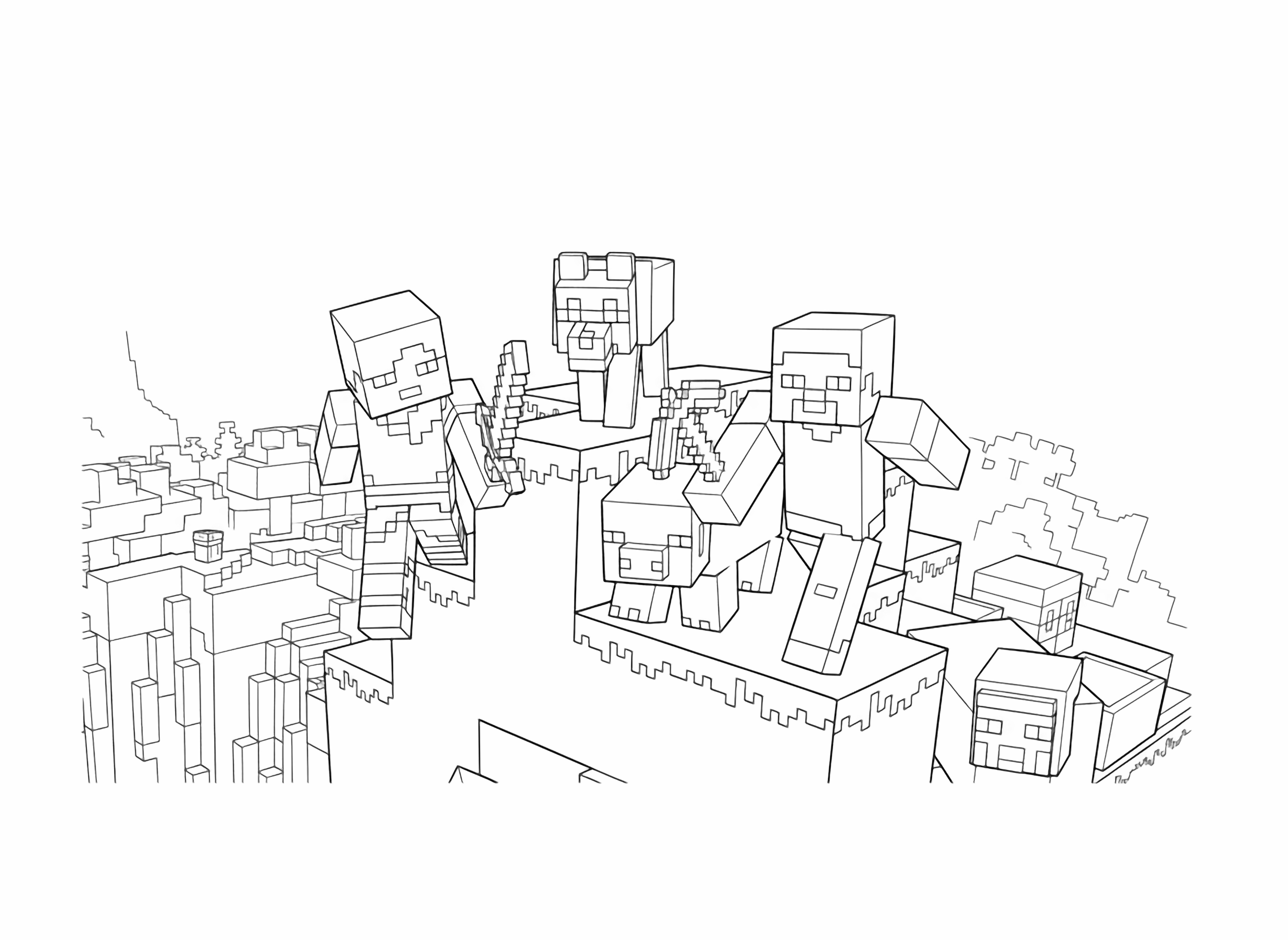 A page scene featuring Minecraft characters Steve and Alex, a wolf, pig, and sheep on a blocky, layered landscape with distant block mountains under a clear sky. kleurplaat