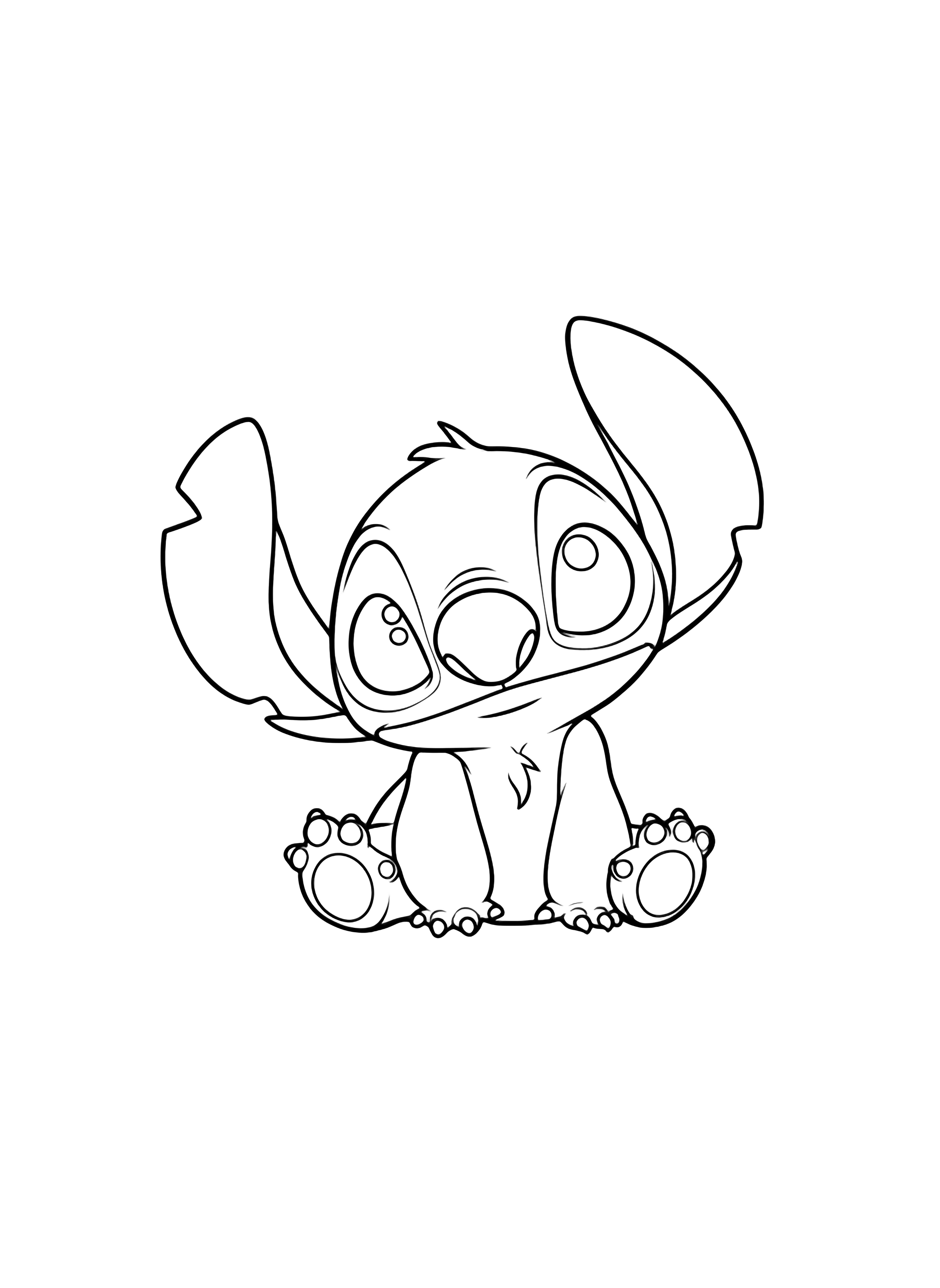 A cute cartoon alien character, Stitch, with large ears and big eyes, sitting and looking forward, suitable for a children's page. kleurplaat