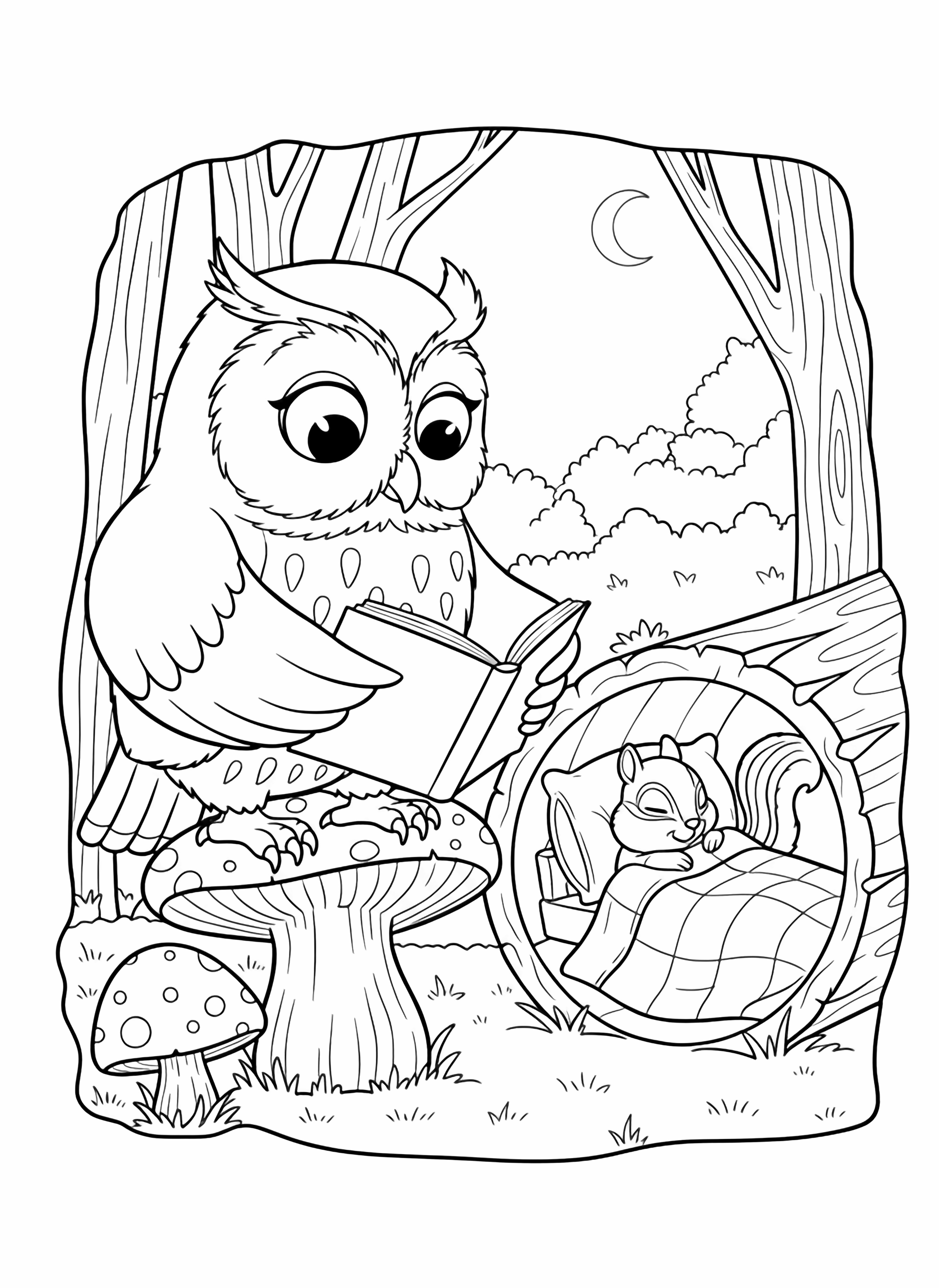 A charming cartoon scene of a large owl reading a book on a red mushroom, while a small squirrel peacefully sleeps in a log bed, all set against a nighttime forest backdrop with a crescent moon. kleurplaat