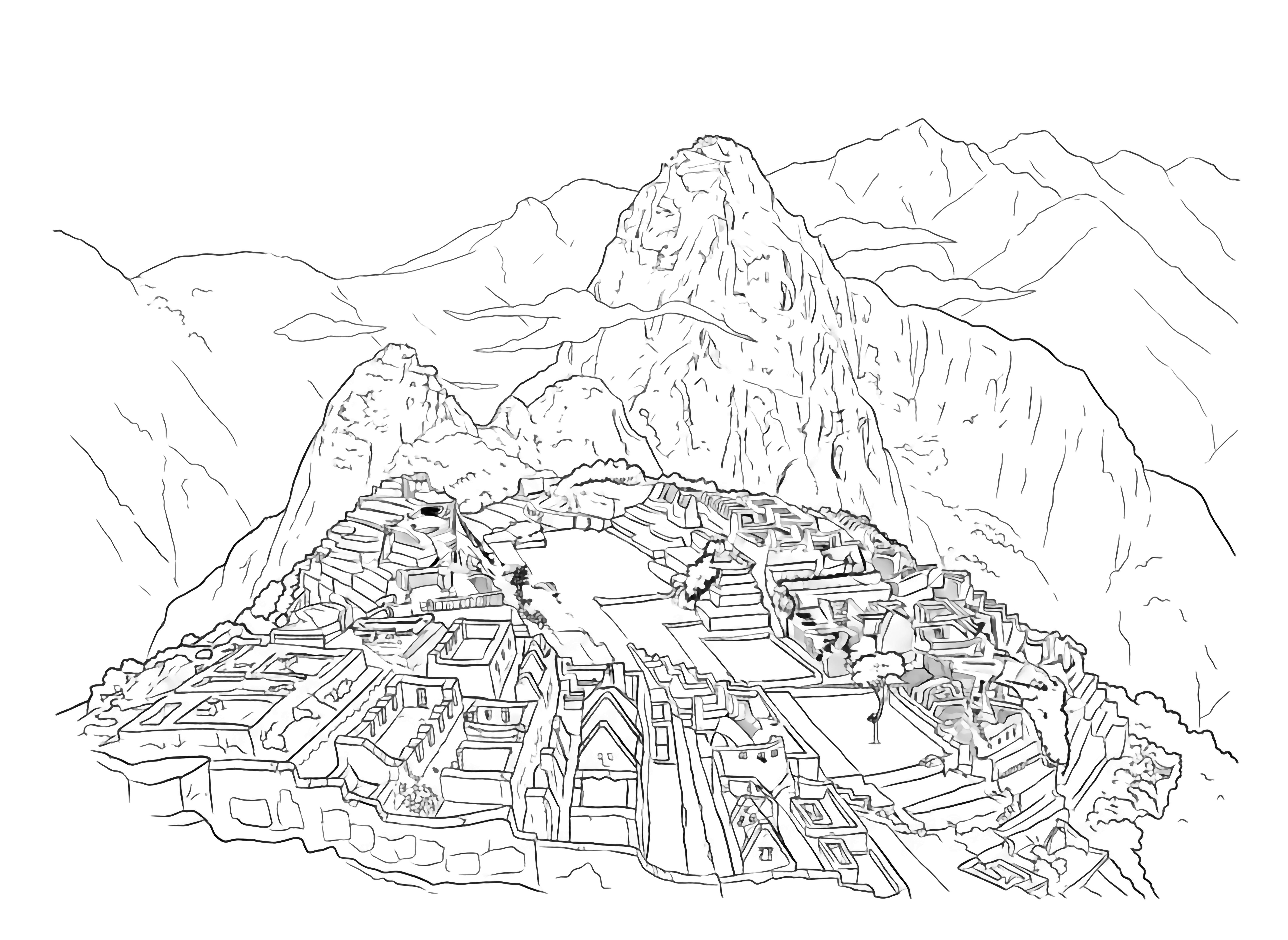 A detailed page of ancient stone ruins on a mountain, with terraced fields and distant misty peaks, capturing the grandeur of an Inca citadel. kleurplaat