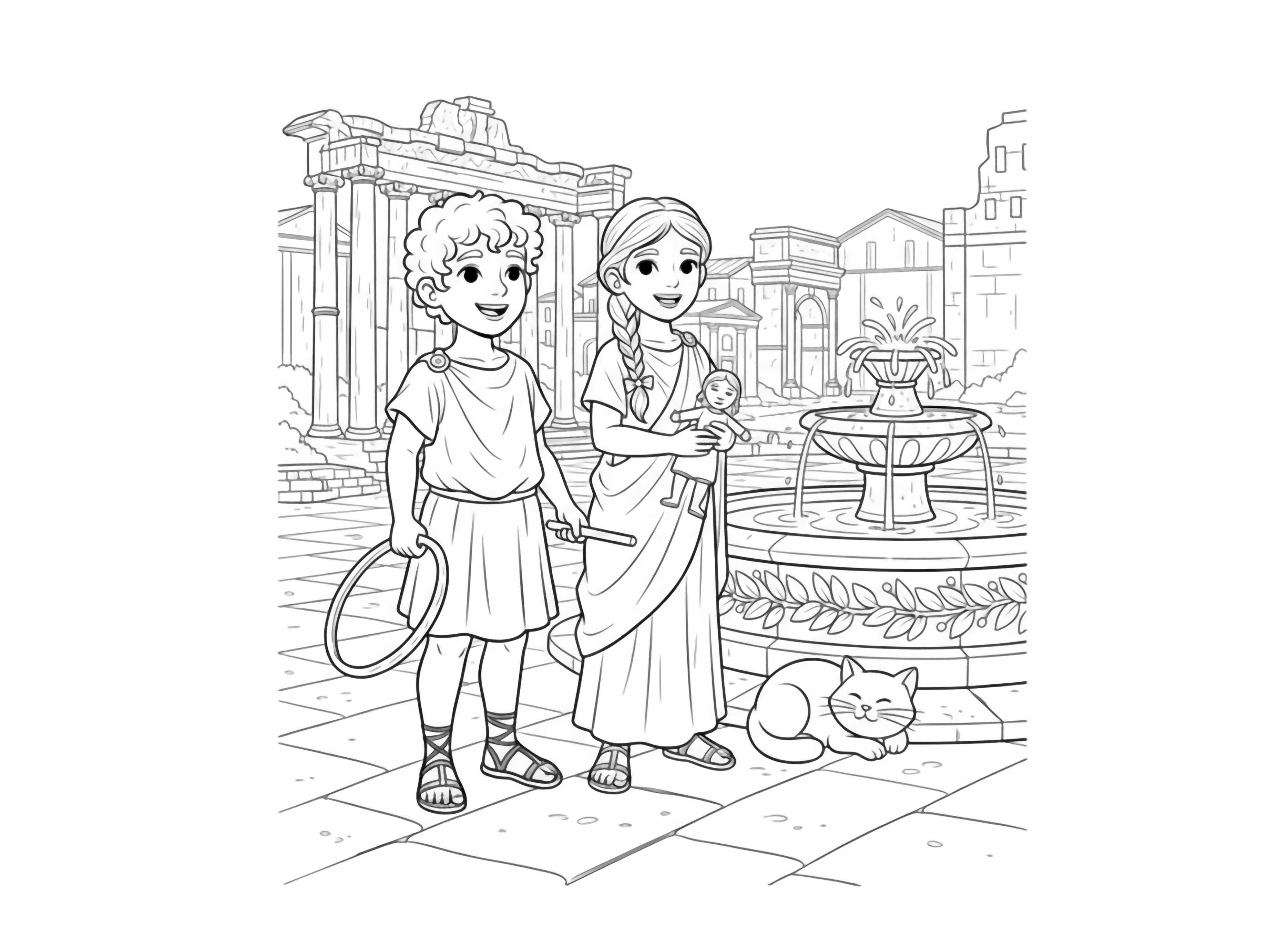 A page featuring two Roman children, a boy with a hoop and a girl with a doll, standing with a cat by a fountain in front of ancient Roman architecture. kleurplaat