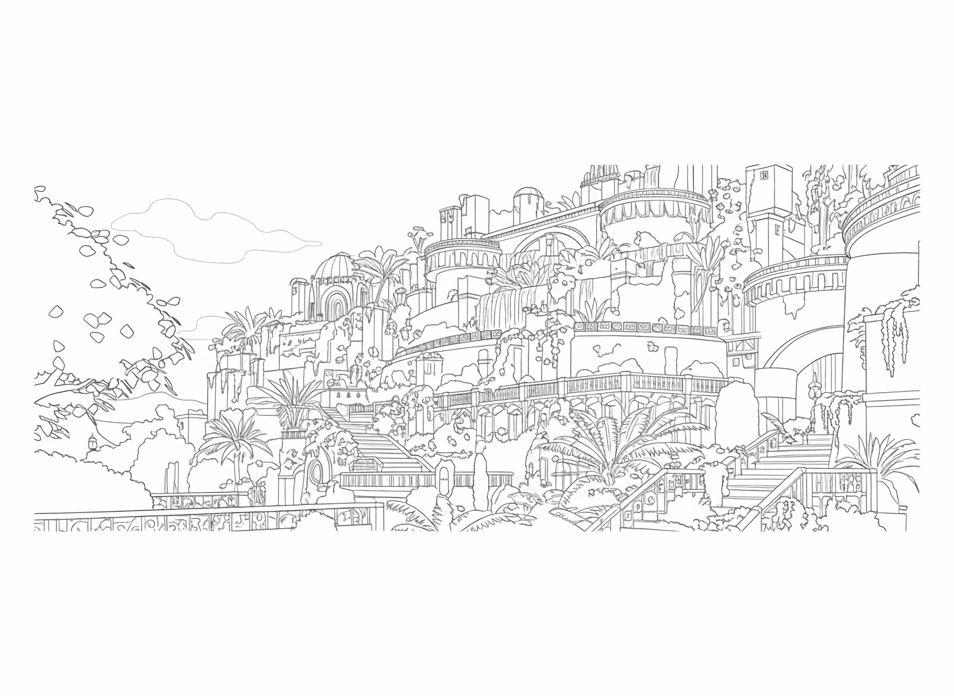 A grand ancient terraced city resembling the Hanging Gardens, with cascading waterfalls, lush vegetation, winding stairs, and intricate balconies under a cloudy sky. kleurplaat