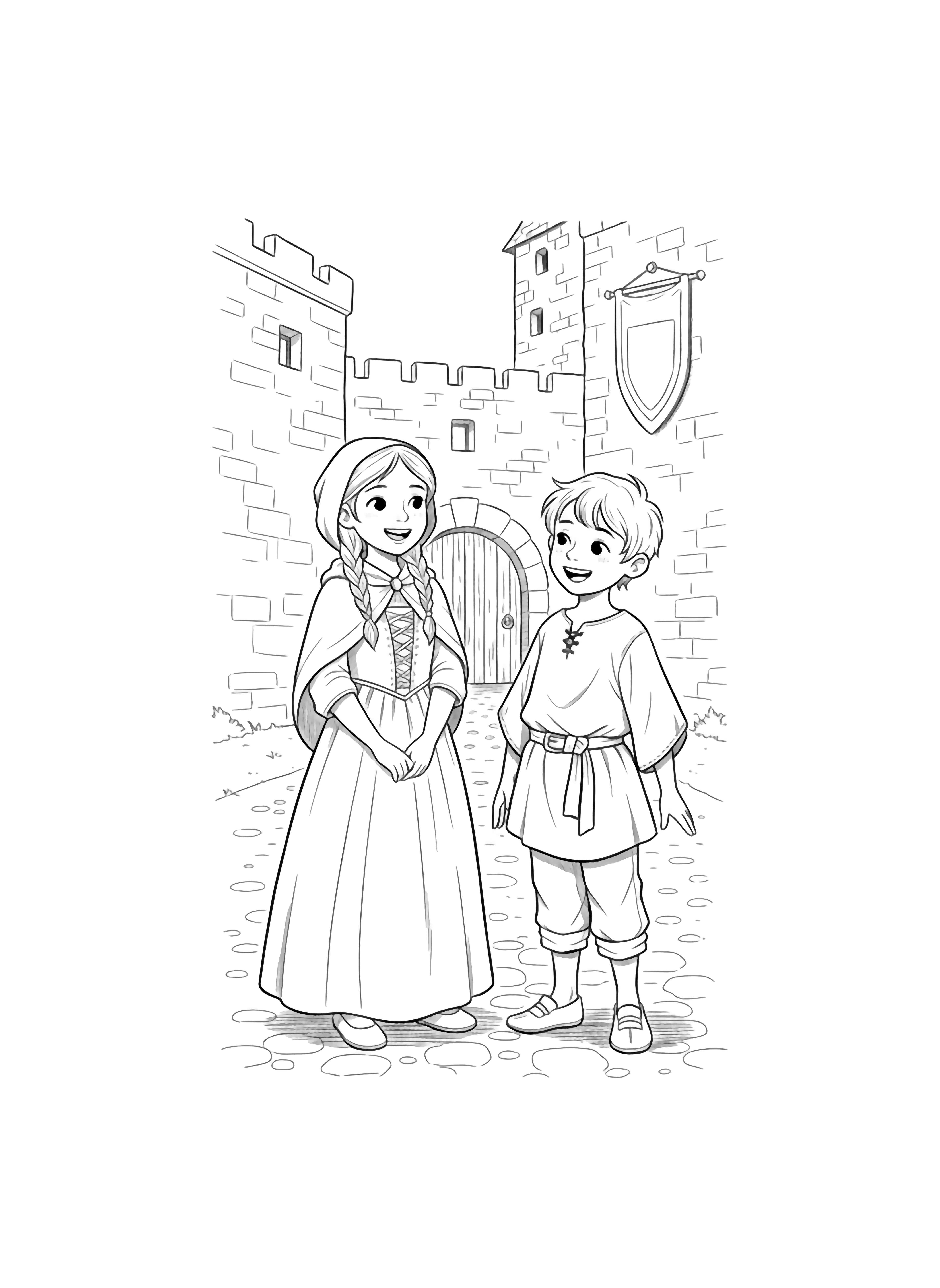 A cartoon page features a smiling girl with braids and a boy, dressed in medieval attire, standing together in front of a castle entrance with stone walls and a wooden door. kleurplaat