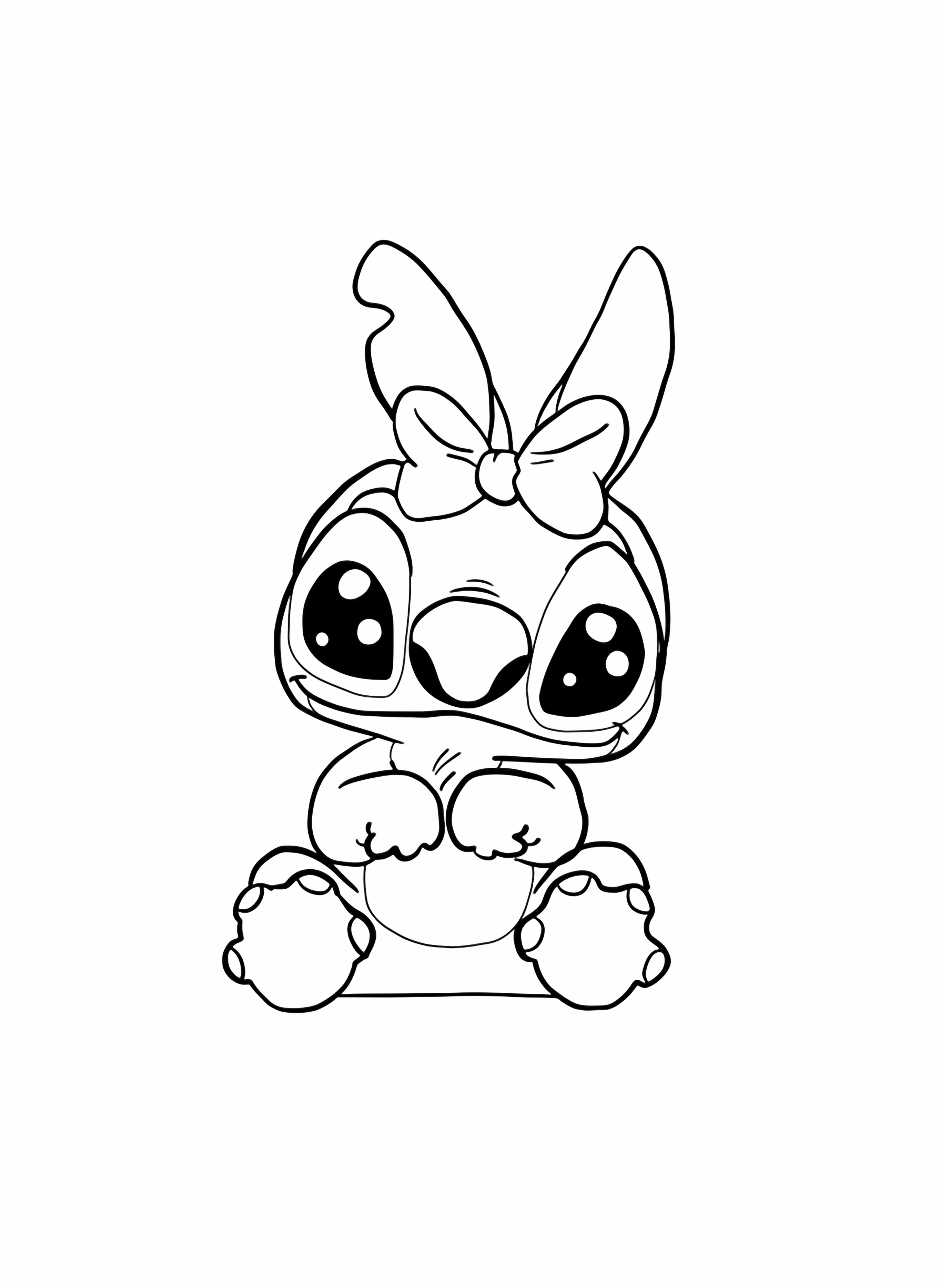 A cute, simplified blue alien character with large eyes, a dark nose, and a pink bow on its head, sitting with paws held close. kleurplaat