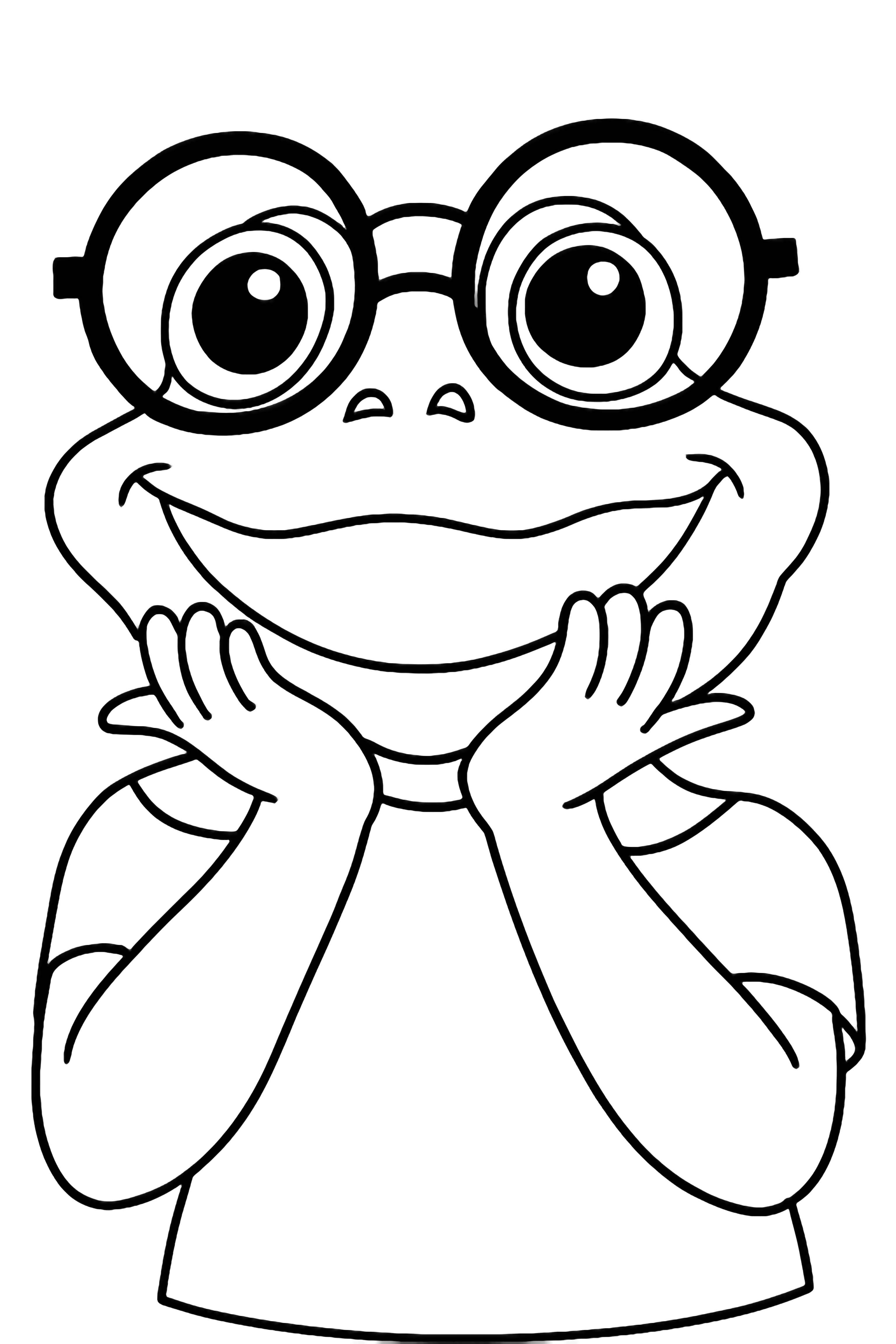 A cartoon green frog with large round glasses and a wide smile, wearing a blue shirt, with its hands resting under its chin, rendered in a book style. kleurplaat