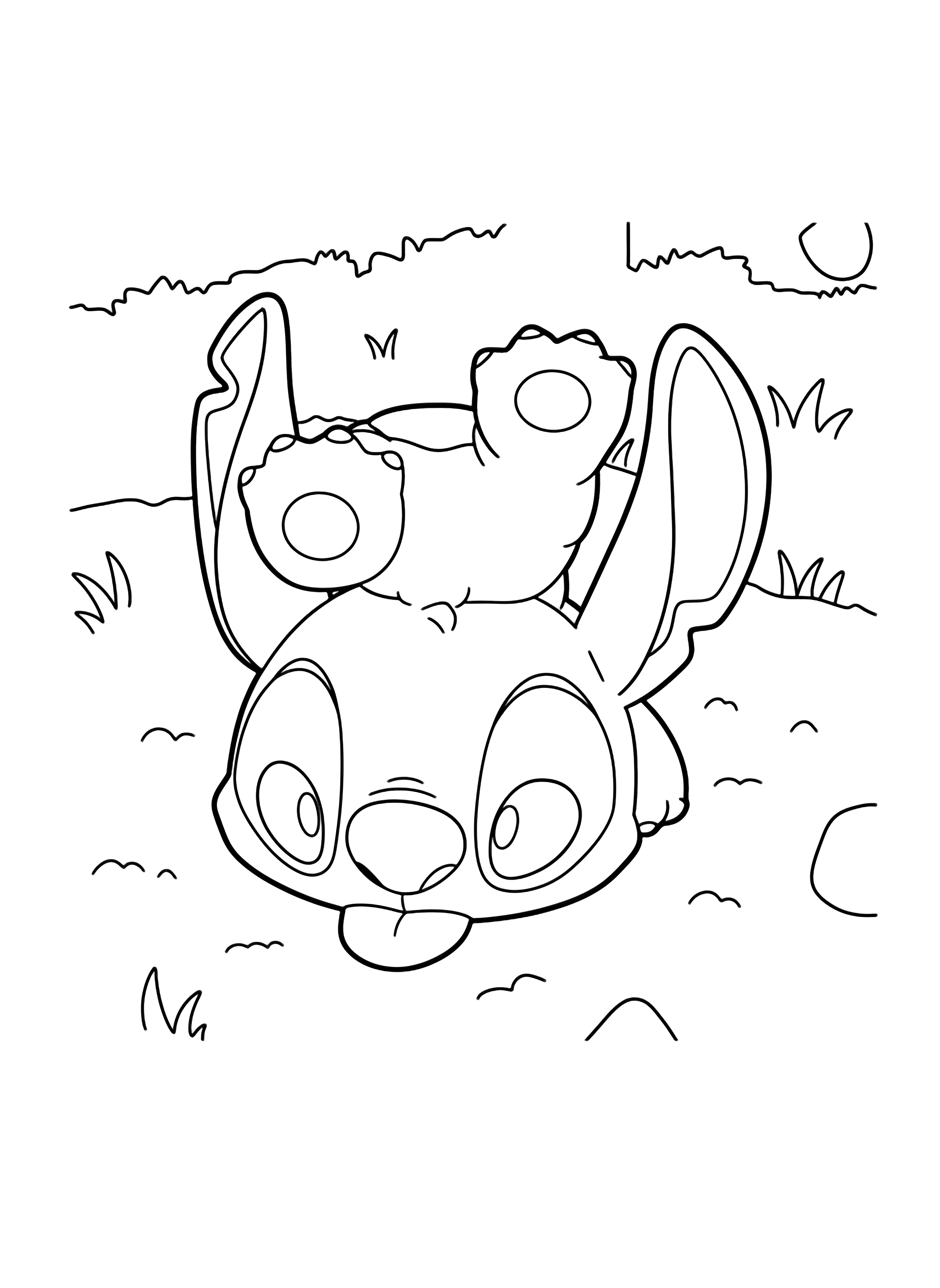 A playful Labubu Stitch plush toy lying upside down on rough ground with its tongue out, surrounded by textured dirt and green grass, depicted in a clean book style. kleurplaat
