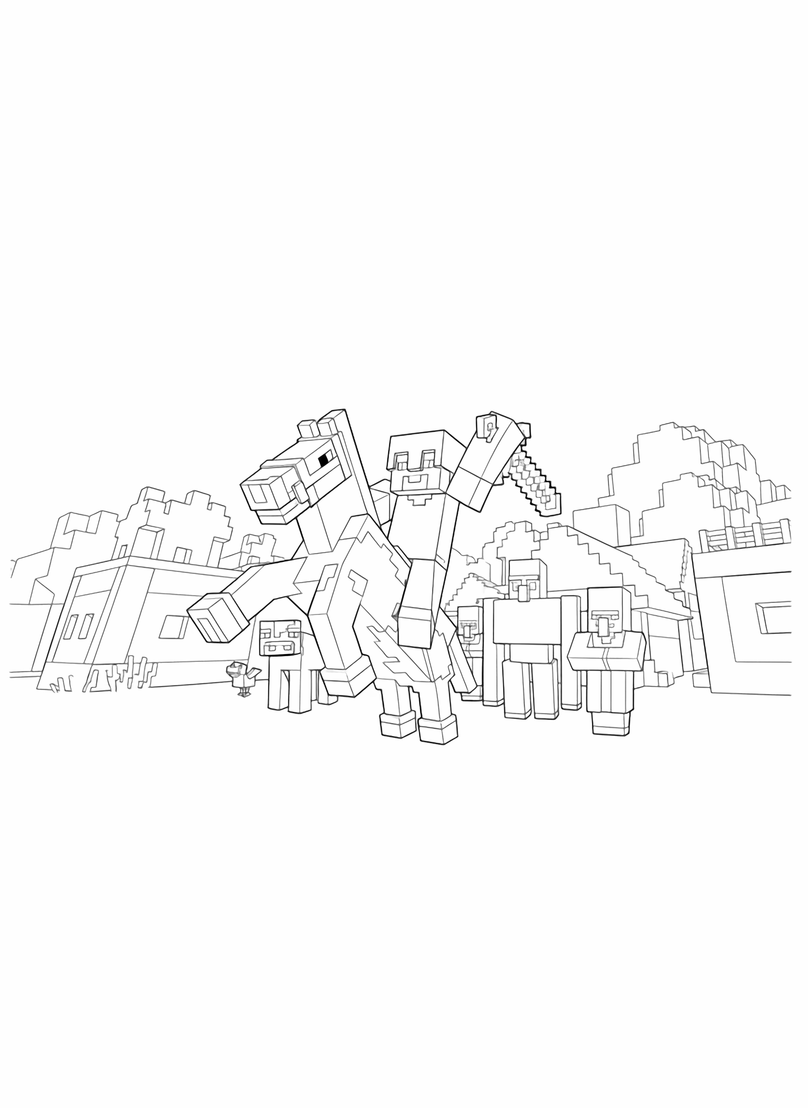 A blocky Minecraft scene featuring Steve riding a horse, holding a pickaxe, accompanied by an Iron Golem, Villager, and animals, within a village environment. kleurplaat