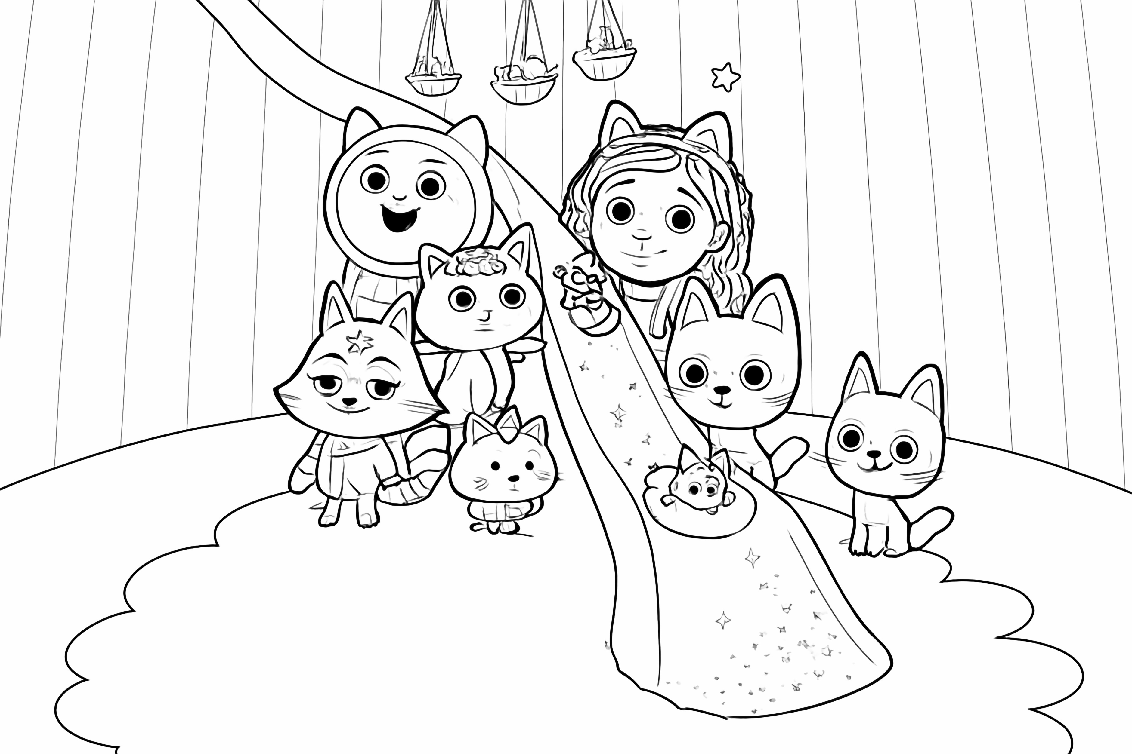 Gabby and her cat friends are gathered around a magical slide, with some cat figures sliding down, all on a fluffy cloud base against a striped wall. kleurplaat