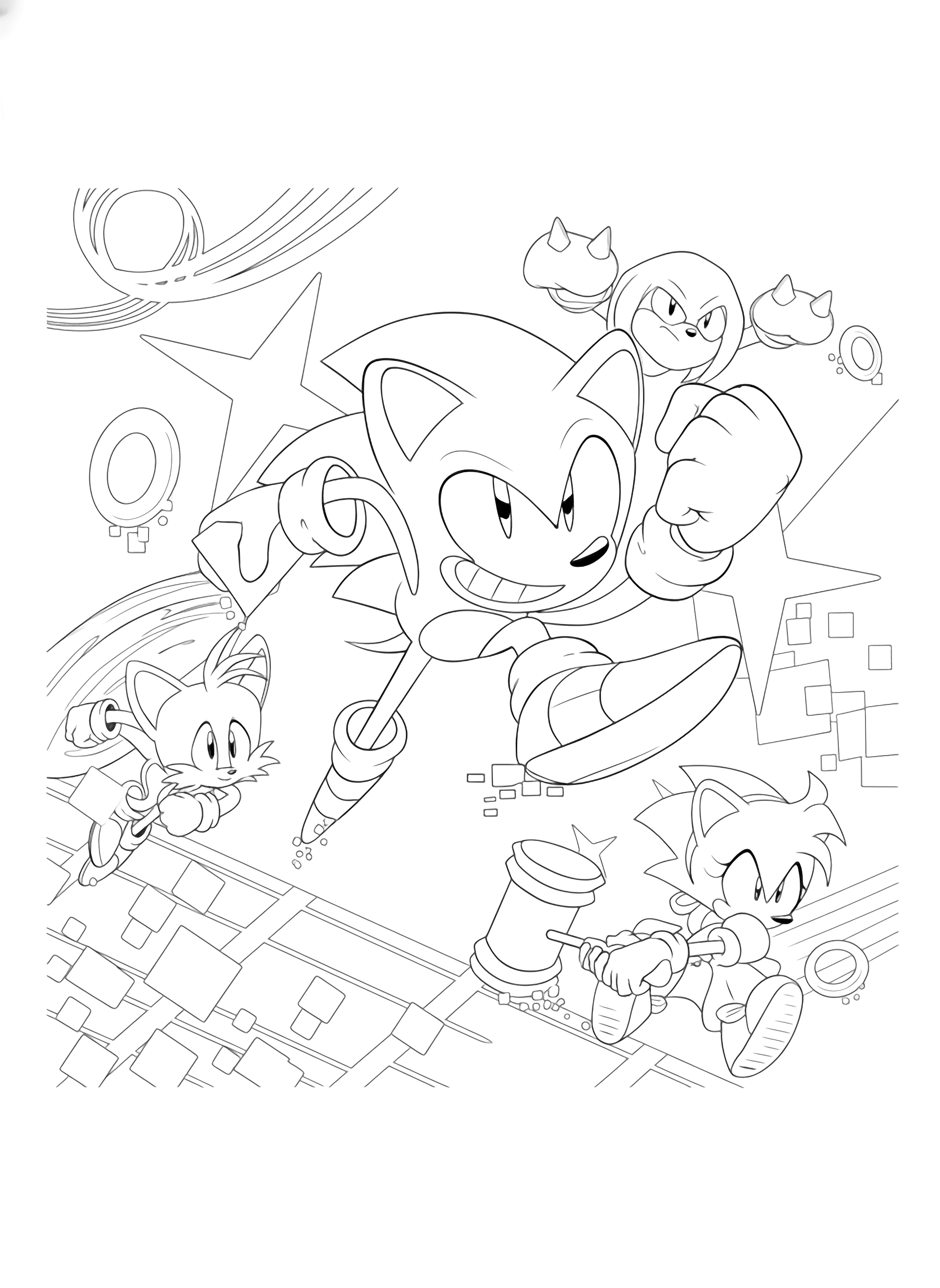 A dynamic scene featuring Sonic, Tails, Knuckles, and Amy Rose running across a futuristic, starry landscape, capturing their energetic cartoon essence for a page. kleurplaat