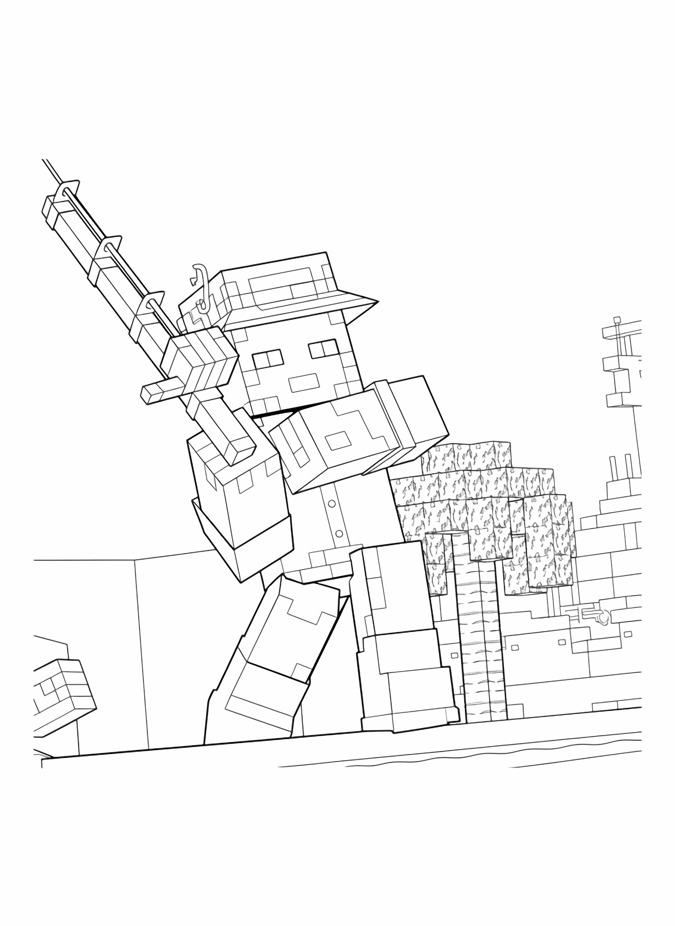 A blocky, Minecraft style character dressed as a fisherman, holding a fishing rod, standing on a sandy beach with a palm tree and distant blocky structures in a sunny, clear sky scene. kleurplaat