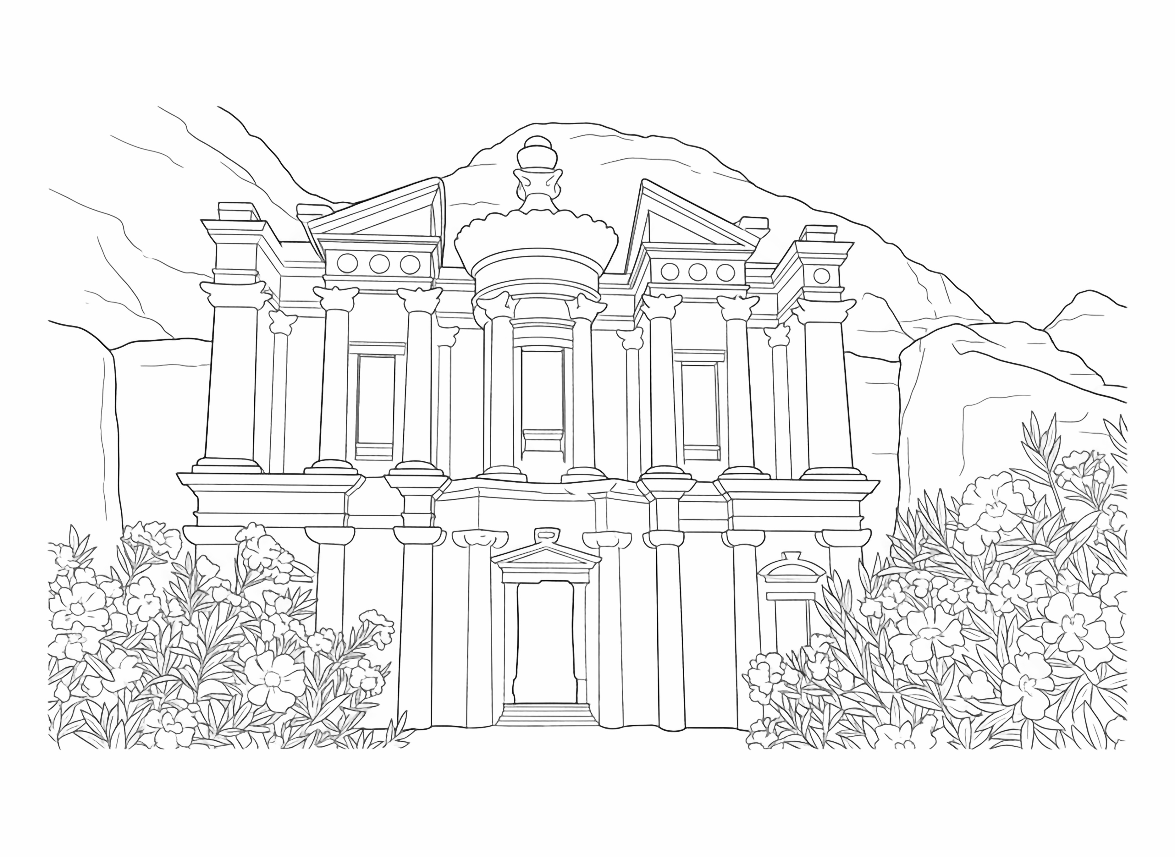 A grand ancient building carved into a rock face, surrounded by rugged mountains and vibrant pink flowers in the foreground, suitable for a page. kleurplaat