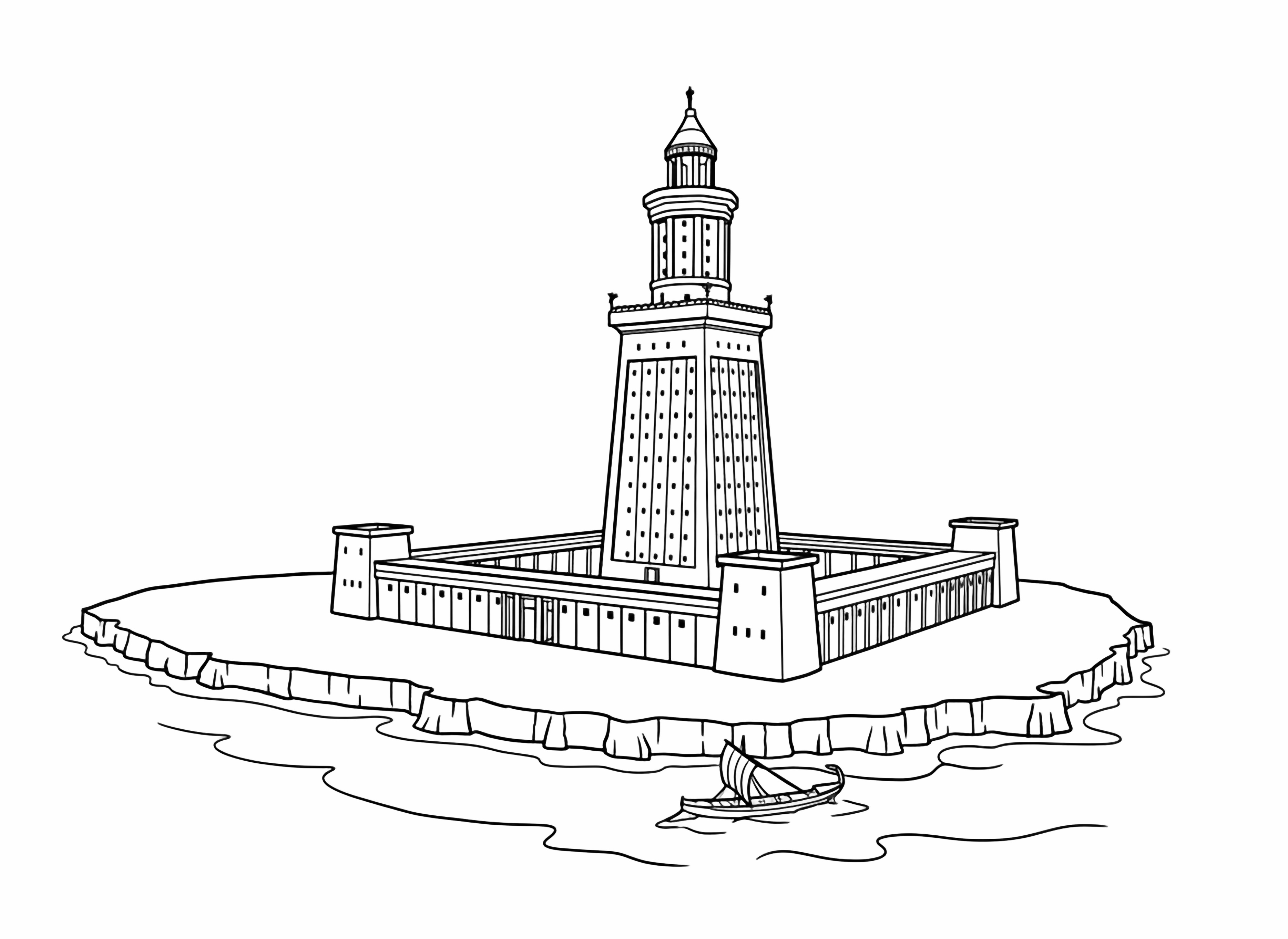 A grand, multi tiered ancient lighthouse stands majestically on a small rocky island surrounded by calm blue ocean, with a small sailboat nearby, under a bright sky. kleurplaat