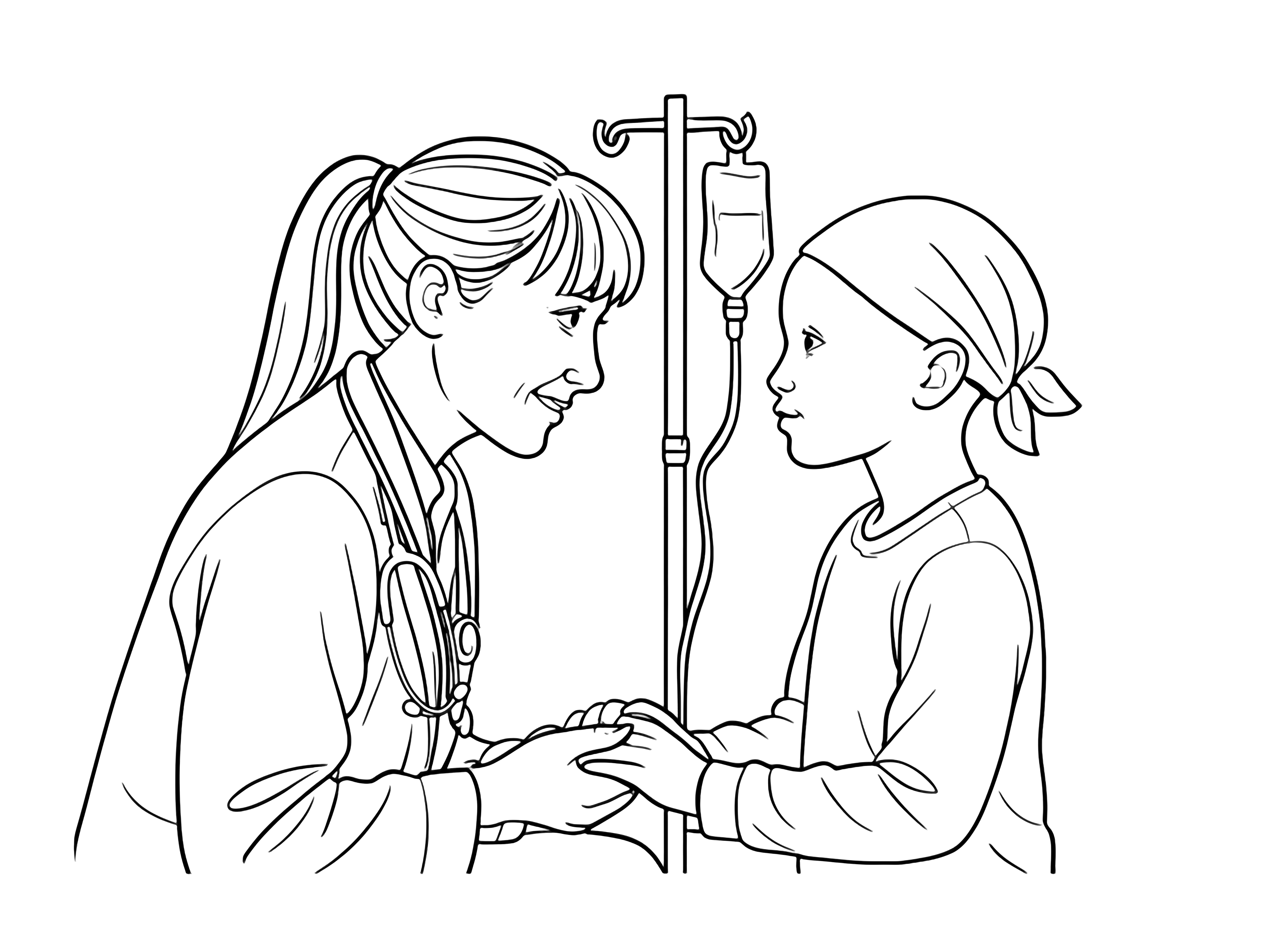 A female doctor with a ponytail and stethoscope, wearing a lab coat, gently holds the hands of a young child with a headscarf, who is seated next to an IV pole, in a comforting interaction. kleurplaat
