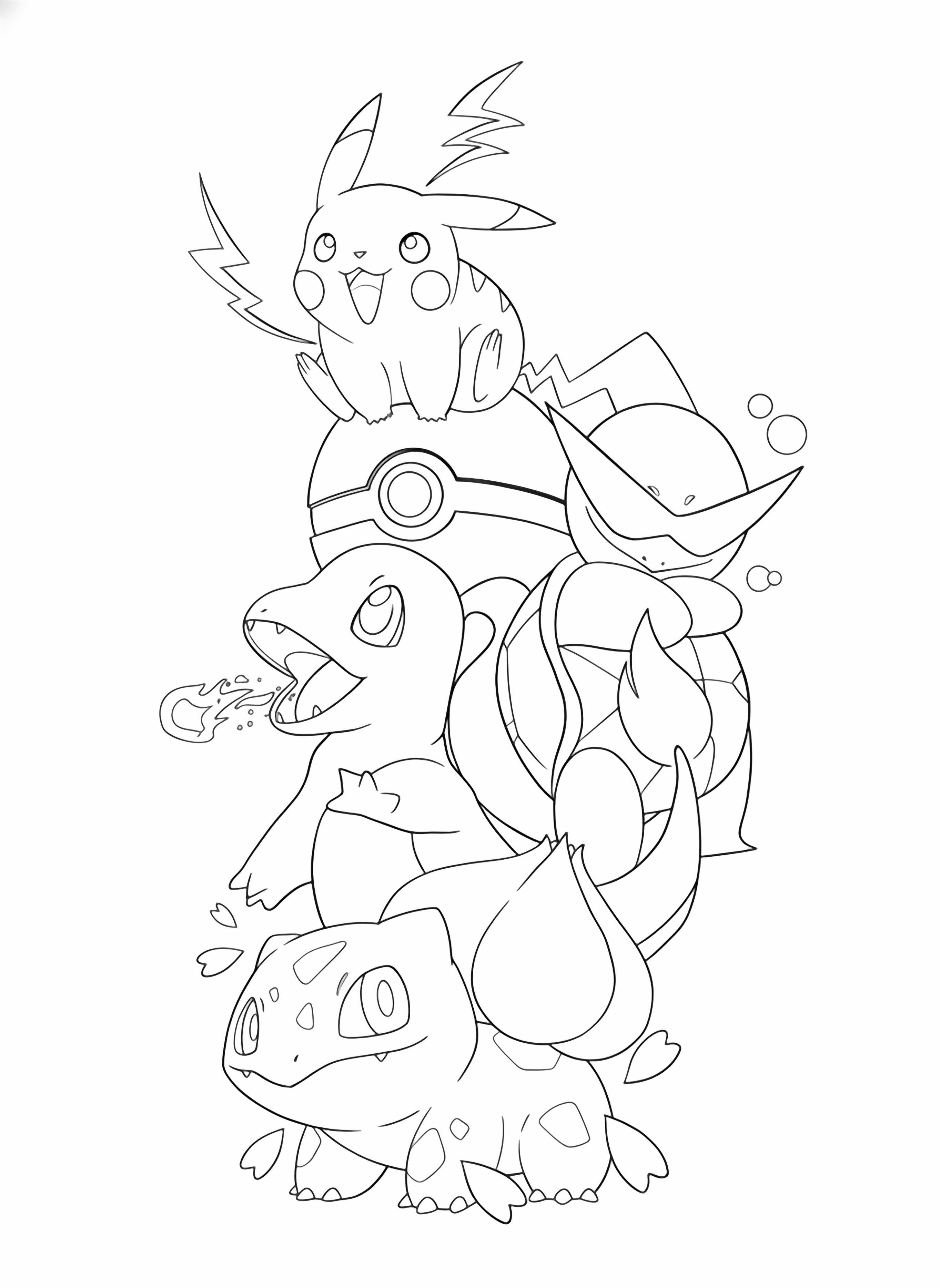 A stack of cute Pokmon characters, Pikachu, Charmander, Squirtle, and Bulbasaur, are cheerfully positioned on a Pok Ball, in a vibrant cartoon style suitable for a page. kleurplaat