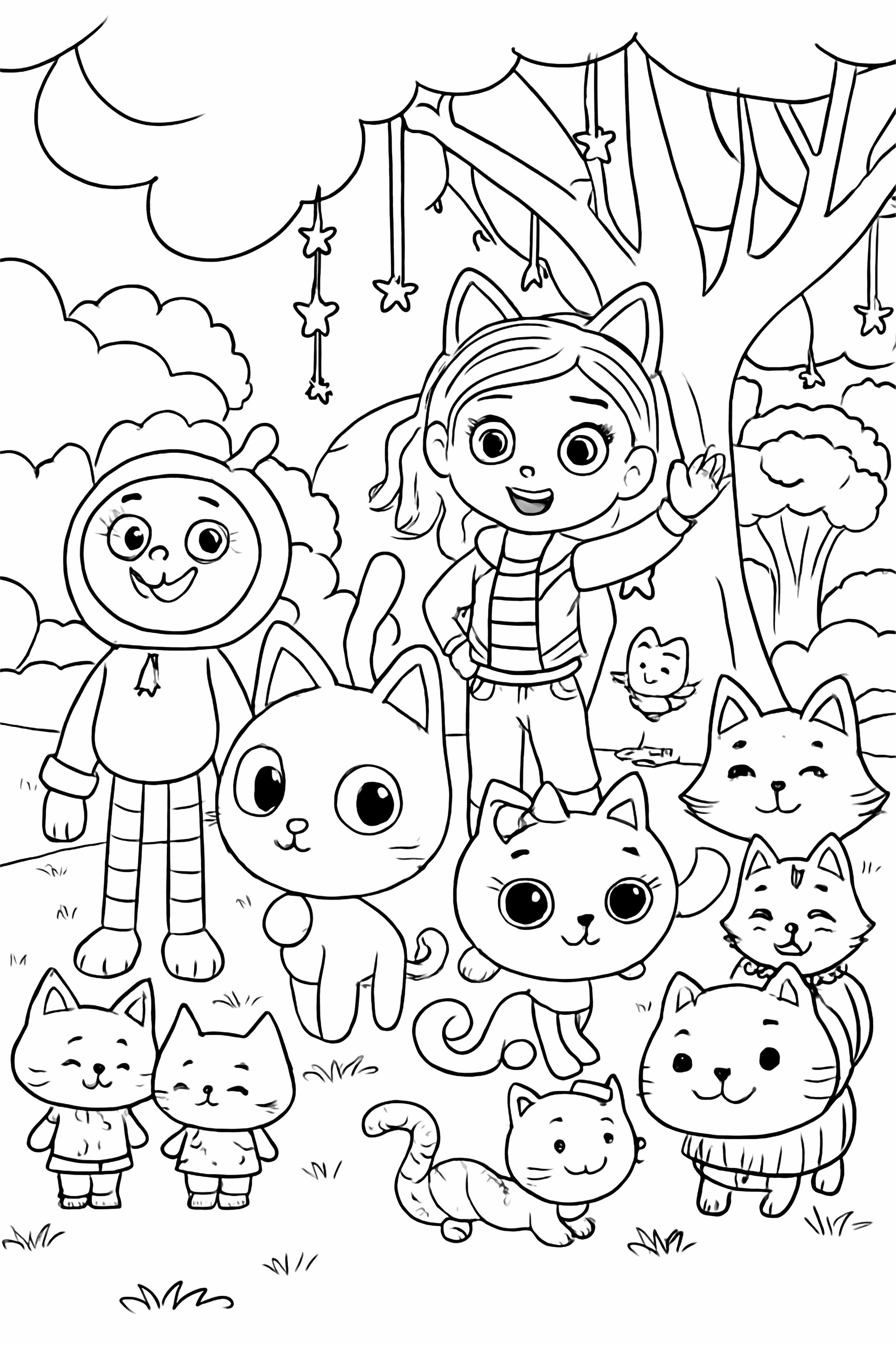 A page scene featuring Gabby and her cat like friends from Gabby's Dollhouse, including Pandy Paws and MerCat, in a vibrant, whimsical forest setting. kleurplaat