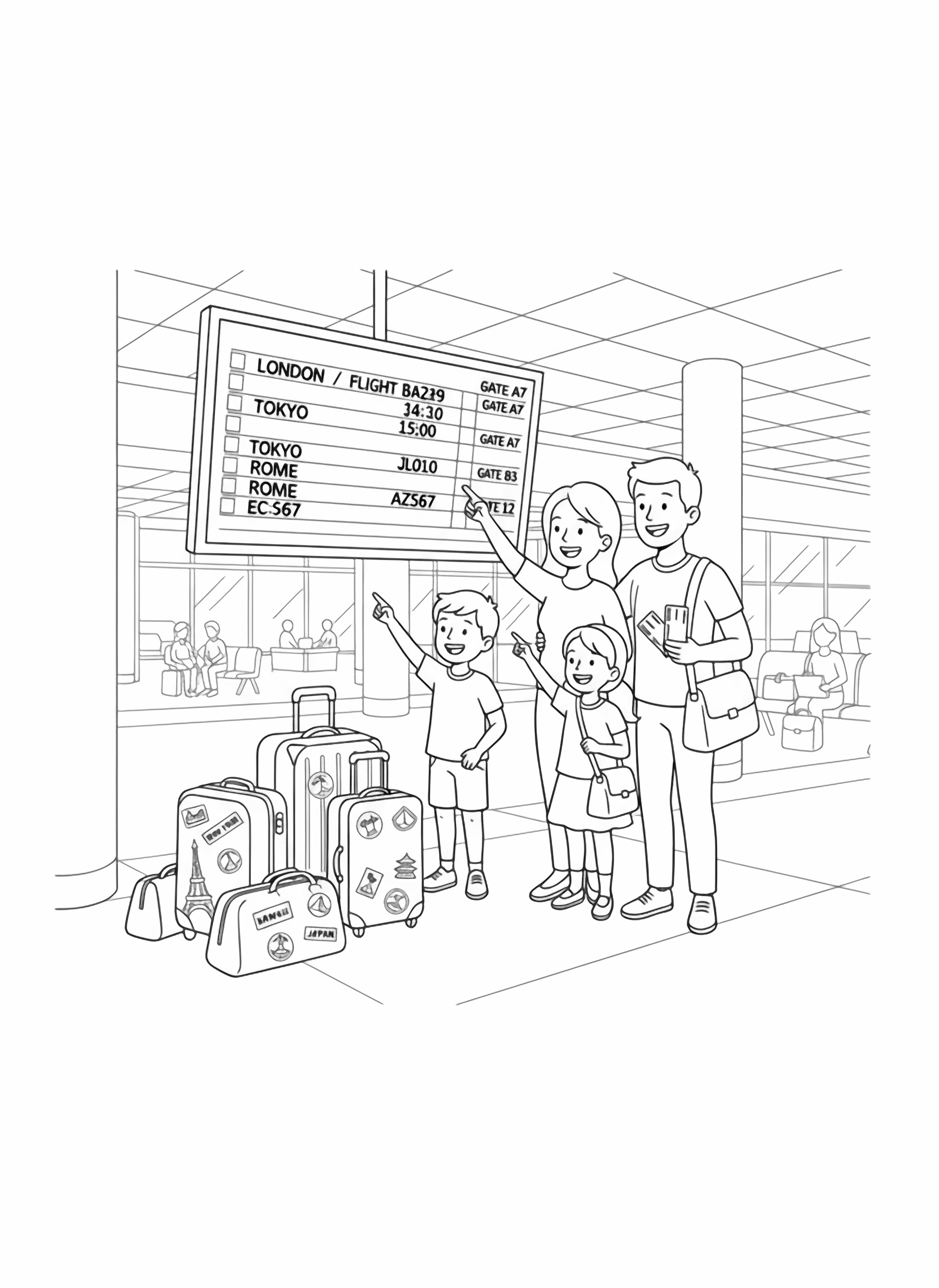 A cartoon family of four, including two children, stands at an airport looking at a departure board, surrounded by numerous travel suitcases, ready for their journey. kleurplaat