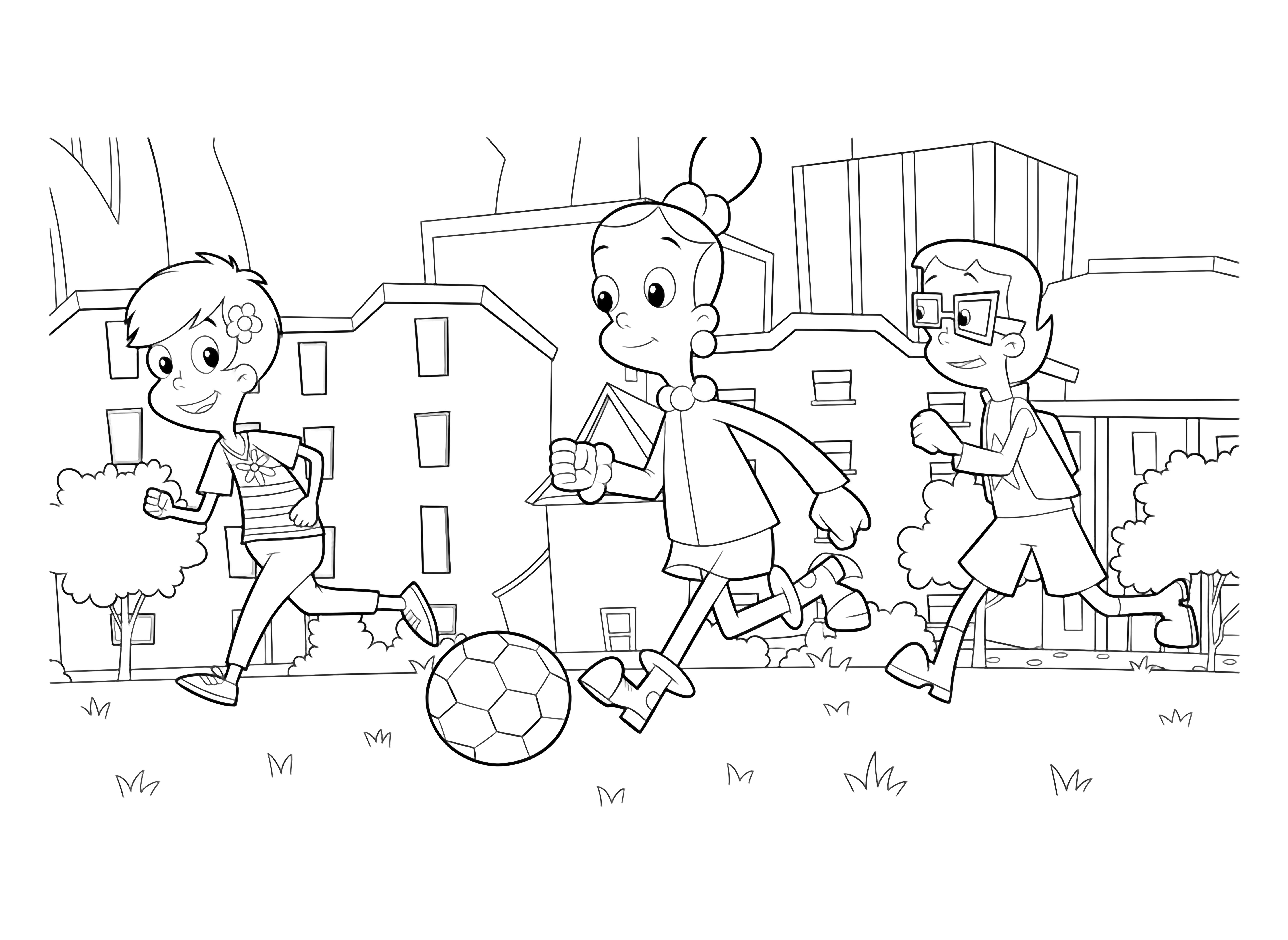 Three diverse cartoon kids are joyfully playing soccer on a grassy field, with a backdrop of stylized, colorful city buildings under a bright sky, in a vibrant, friendly scene. kleurplaat