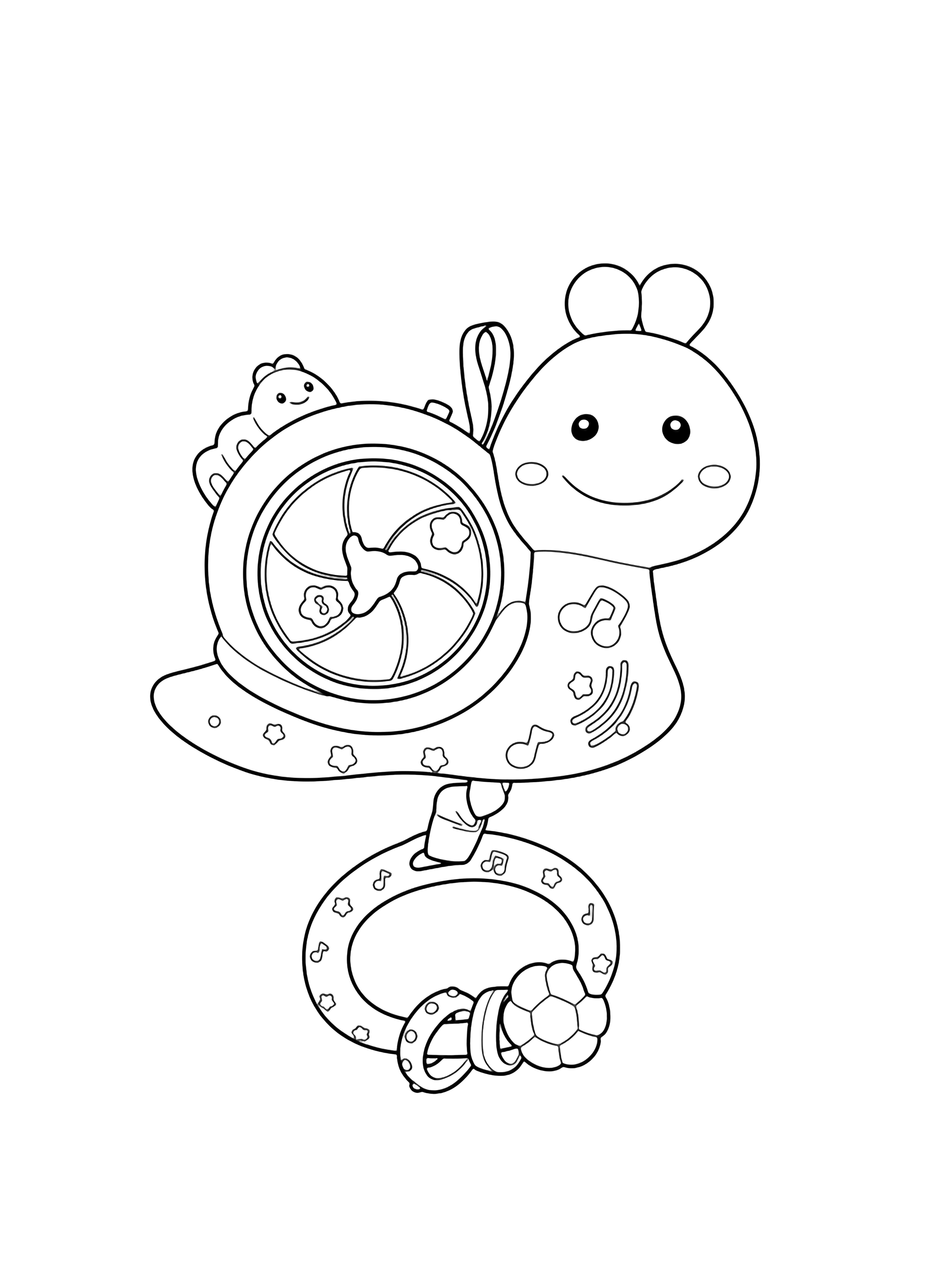 A cute green snail baby toy with red antennae, a colorful patterned spinning wheel shell, a small yellow caterpillar, and two dangling plastic rings, set against a plain . kleurplaat